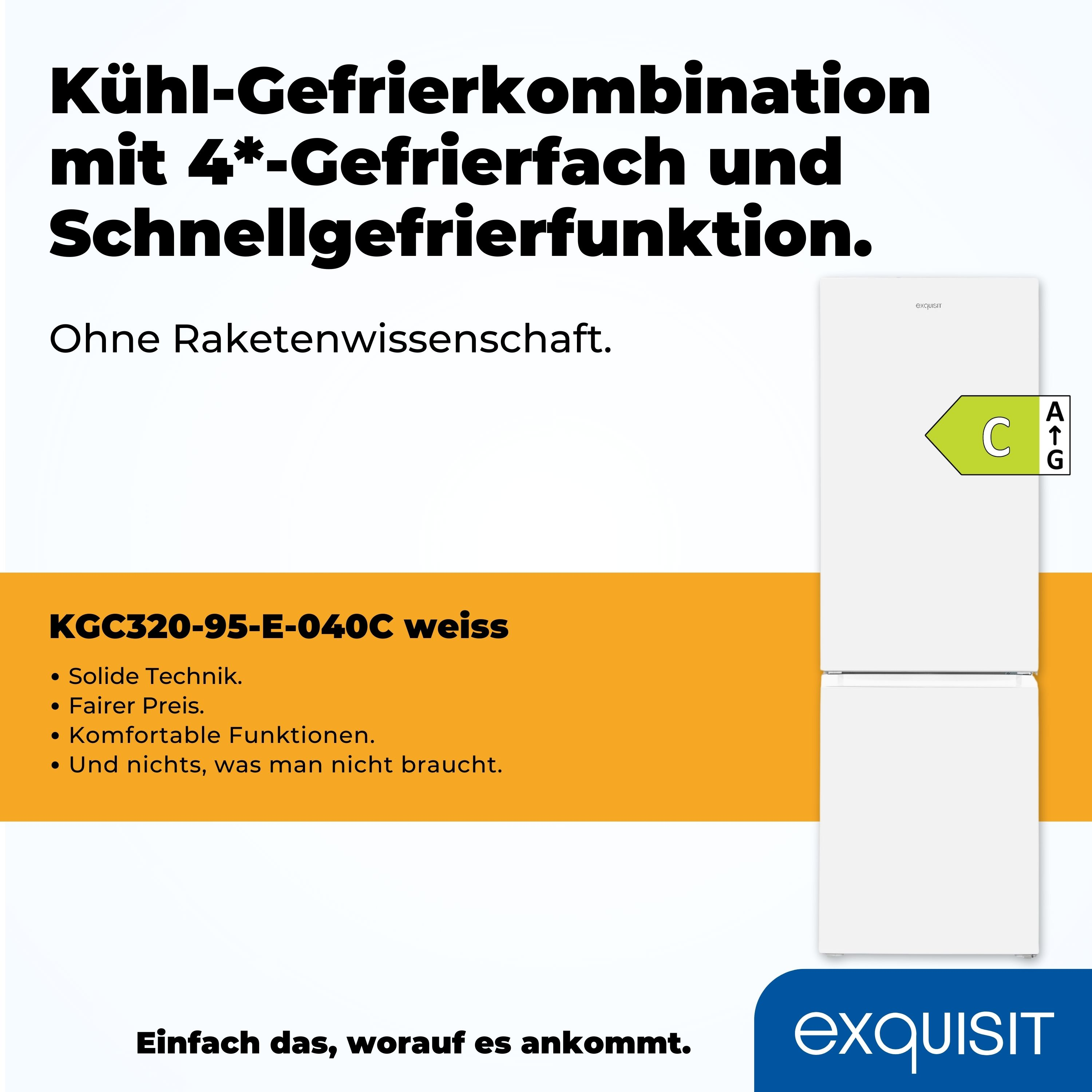 Weißer Kühl-Gefrierschrank-Kombi mit Text und Grafiken. Enthält eine C-Energiebewertung und Produktdetails.