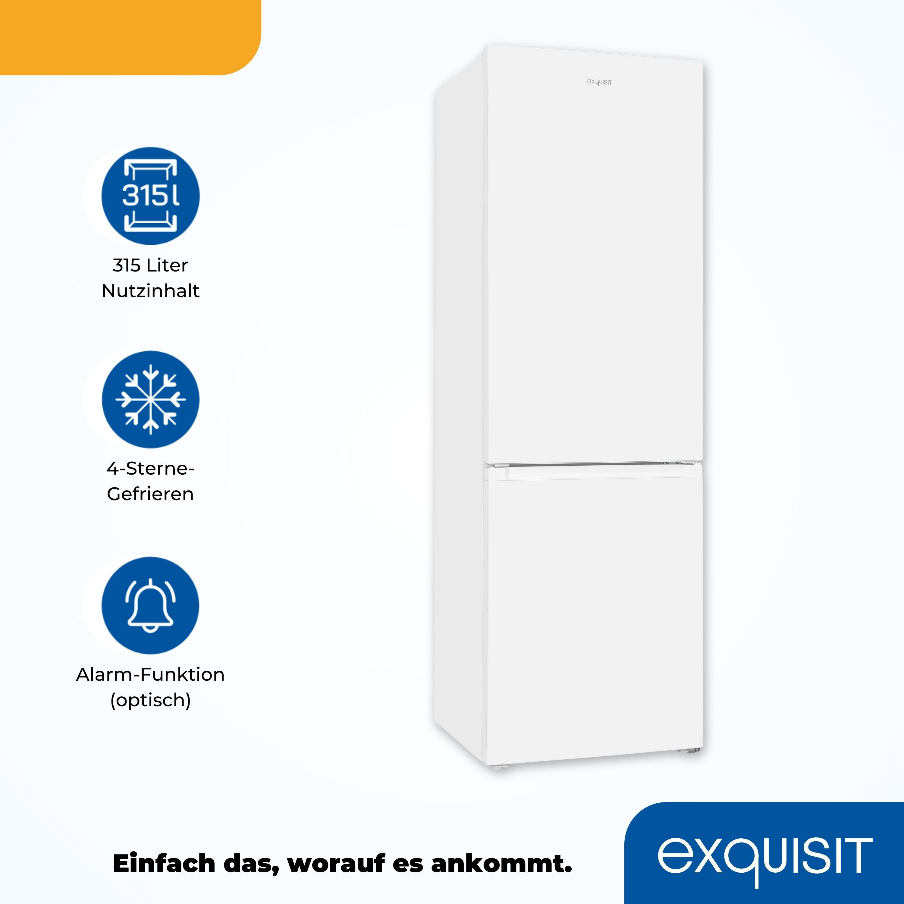 Ein weißer Kühlschrank mit schwarzem Text. Oben ist ein Kühlschrank, unten ein Gefrierschrank.