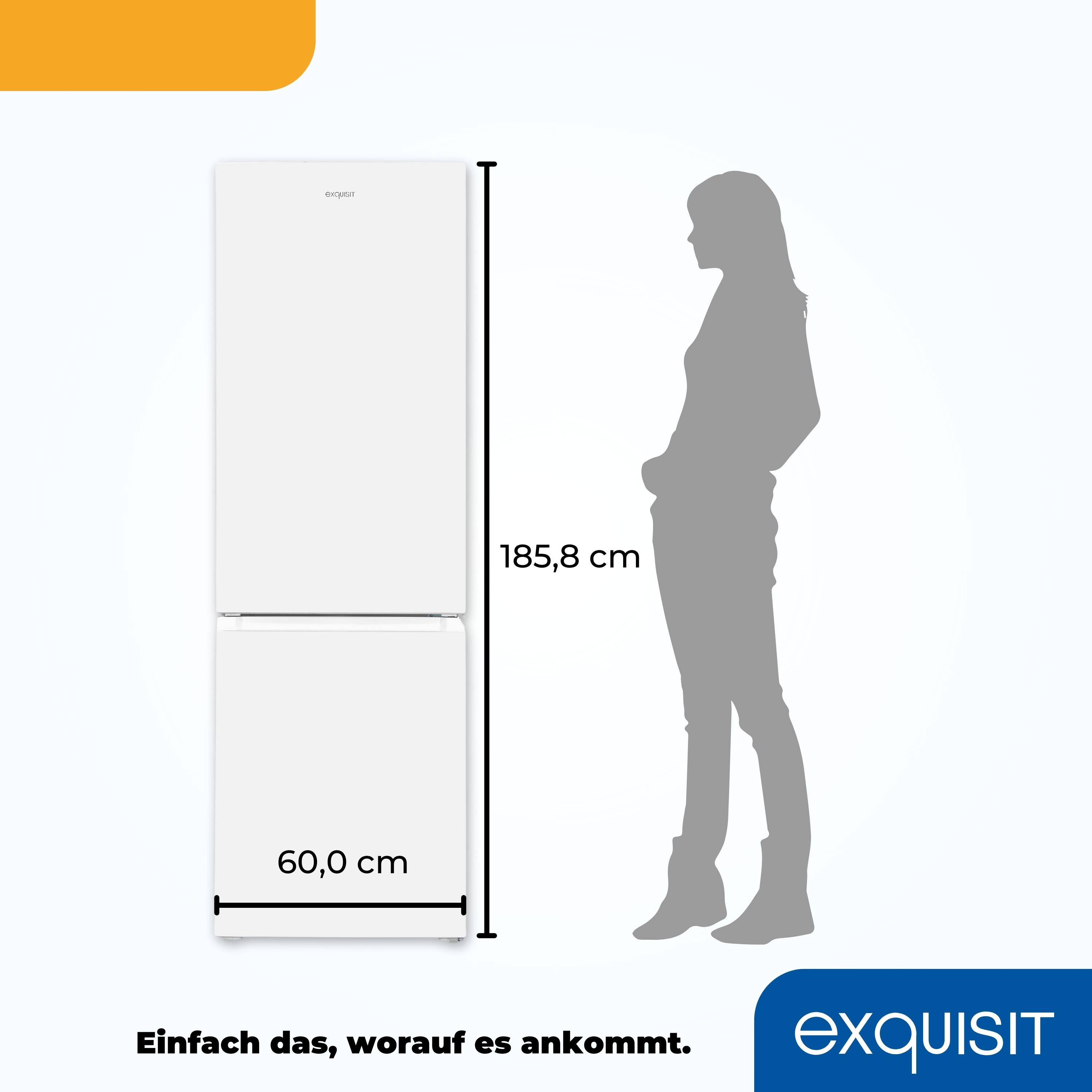 Weißer Kühlschrank, 185,8 cm hoch und 60 cm breit, mit menschlicher Silhouette. Oranger Hintergrund.