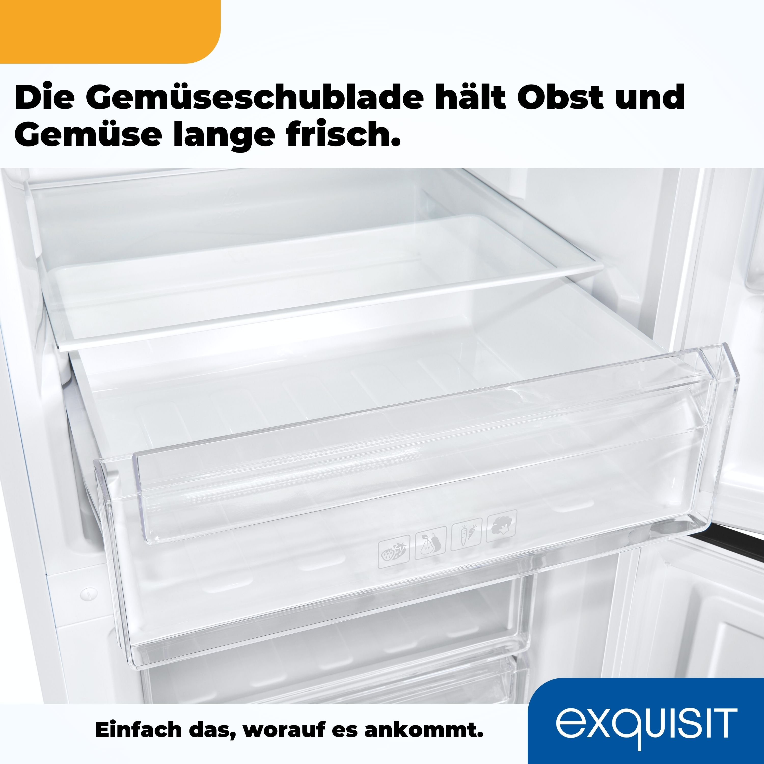 Kühlschrankinnenraum mit offener Schublade. Text: 'Die Gemüseschublade hält Obst und Gemüse lange frisch.'