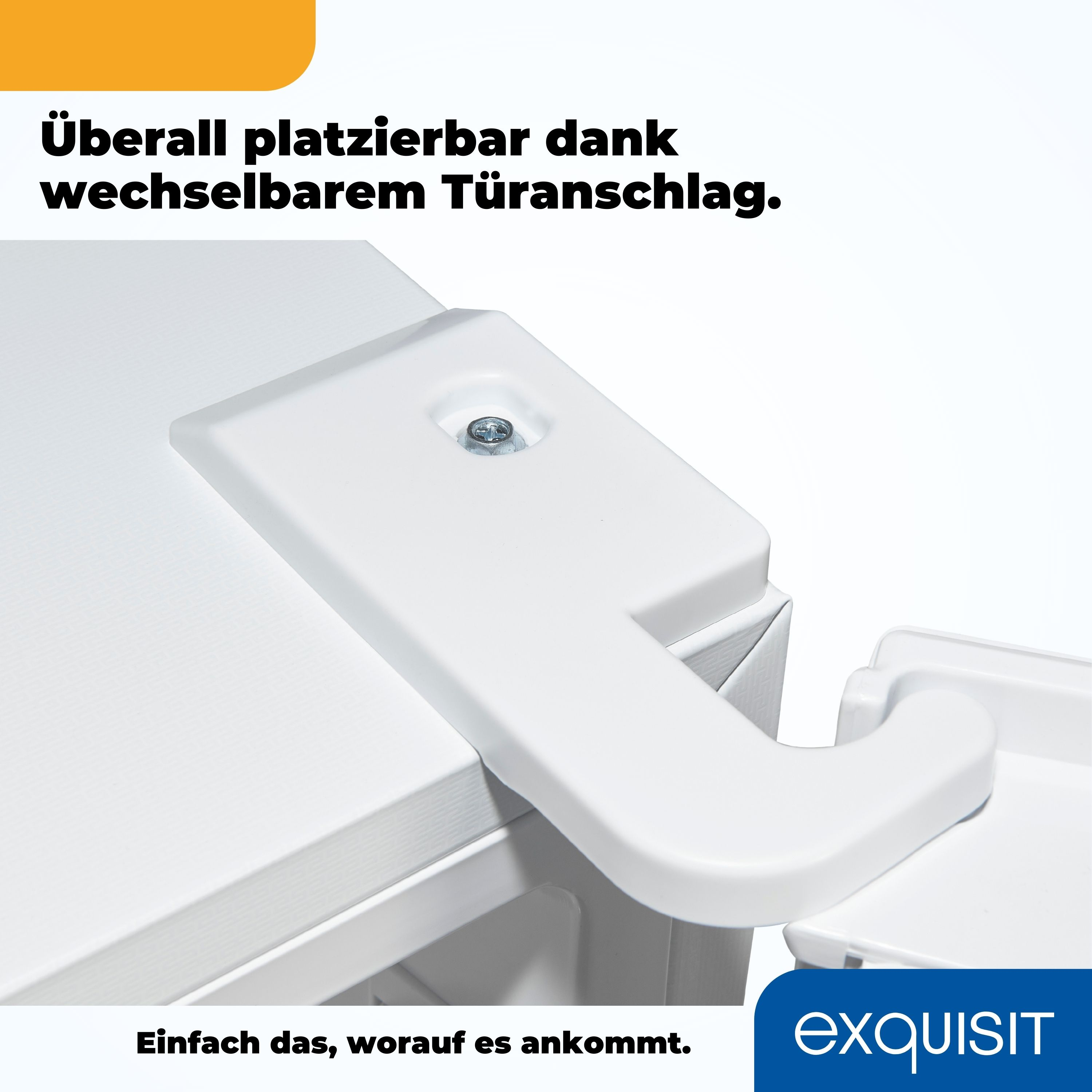 Weiße Schrankbeschläge. Der Text lautet: 'Überall platzierbar dank wechselbarem Türanschlag'.
