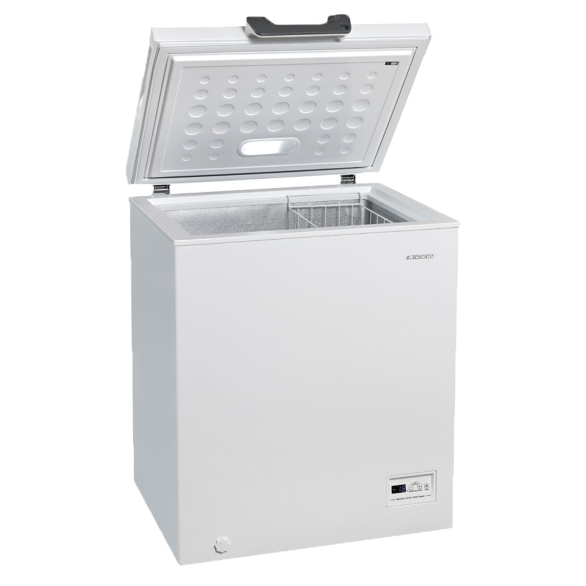 Congelador horizontal blanco con tapa abierta y panel de control.