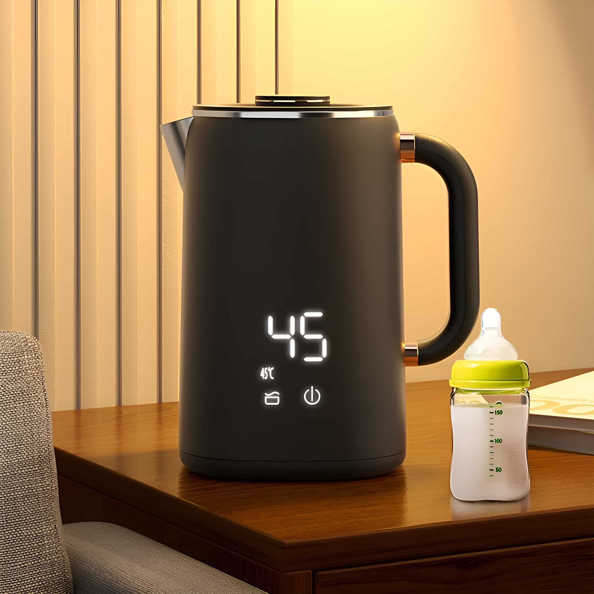 Schwarzer elektrischer Wasserkocher mit Digitalanzeige, die 45 anzeigt. Babyflasche daneben.