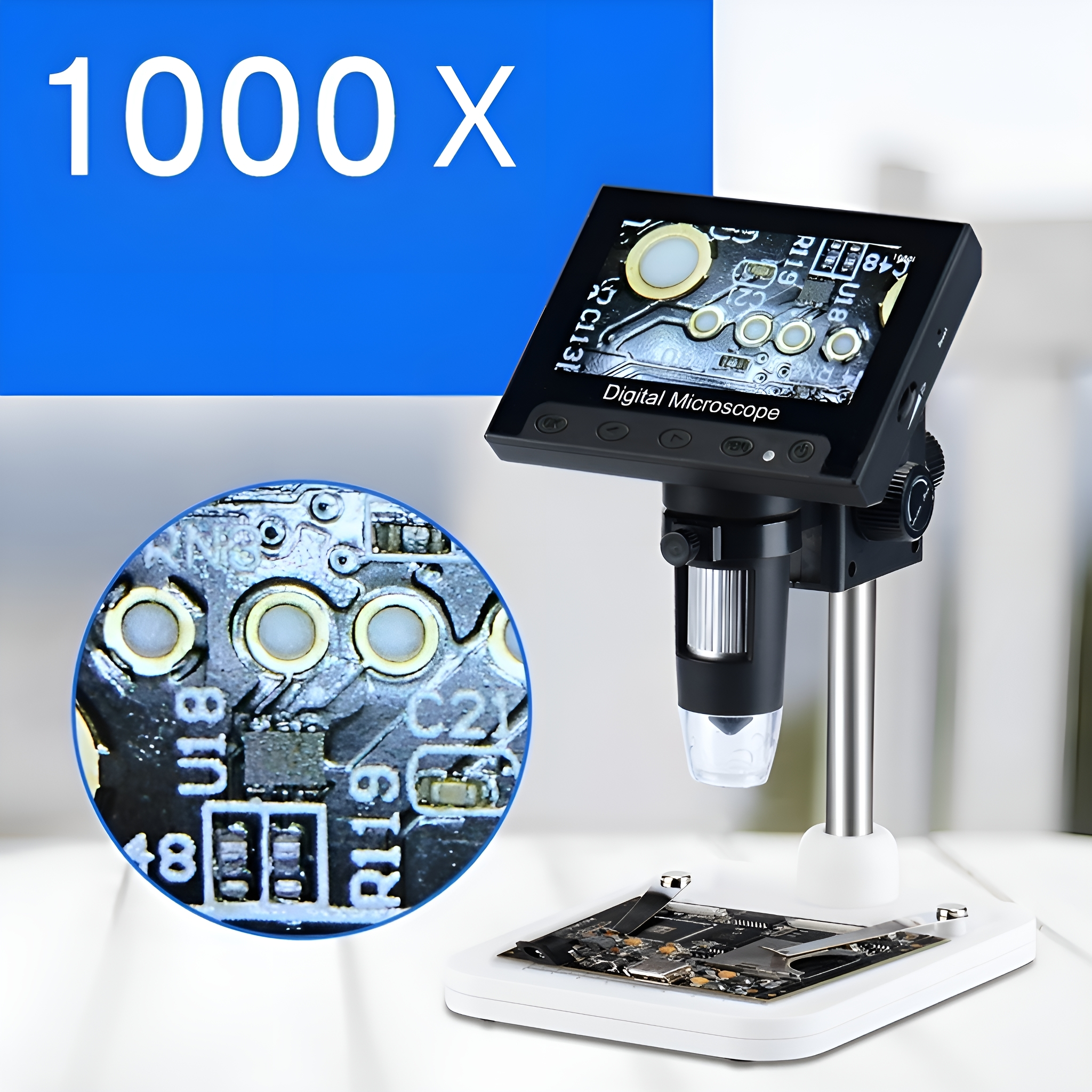 Ein digitales Mikroskop auf weißem Ständer, das eine Leiterplatte mit 1000-facher Vergrößerung zeigt.