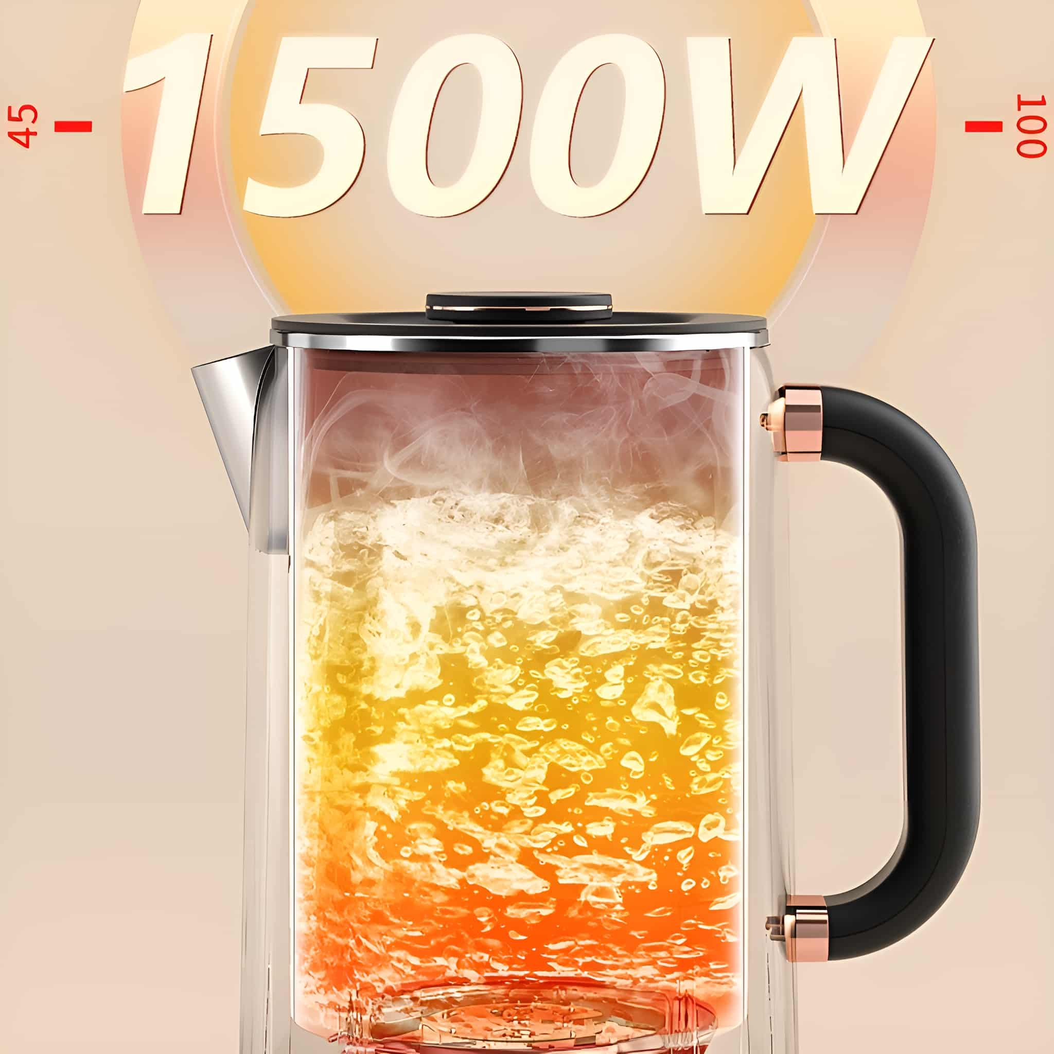 Elektrischer Wasserkocher mit kochendem Wasser, mit Temperaturmarkierungen und schwarzem Griff.