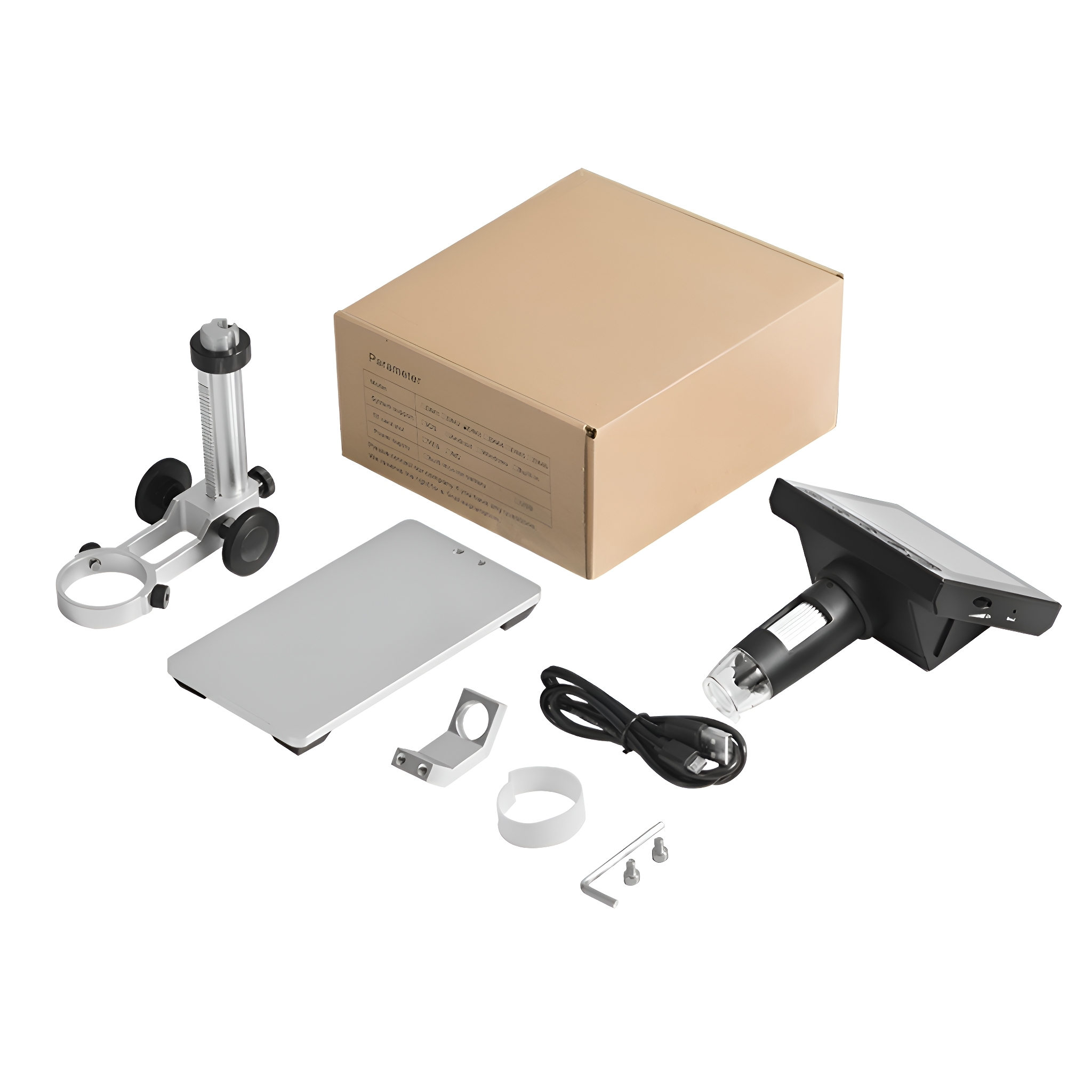 Mikroskopteile mit einer Box, einem USB-Kabel und einem Schraubendreher.