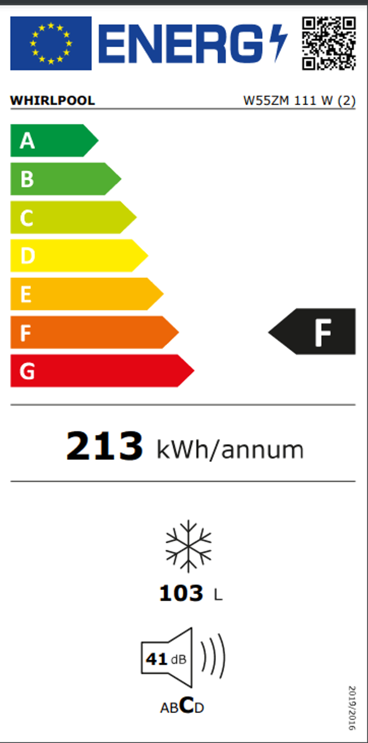 Etichetta energetica con informazioni sul marchio Whirlpool, che mostra i dettagli sull'efficienza energetica e un codice QR.