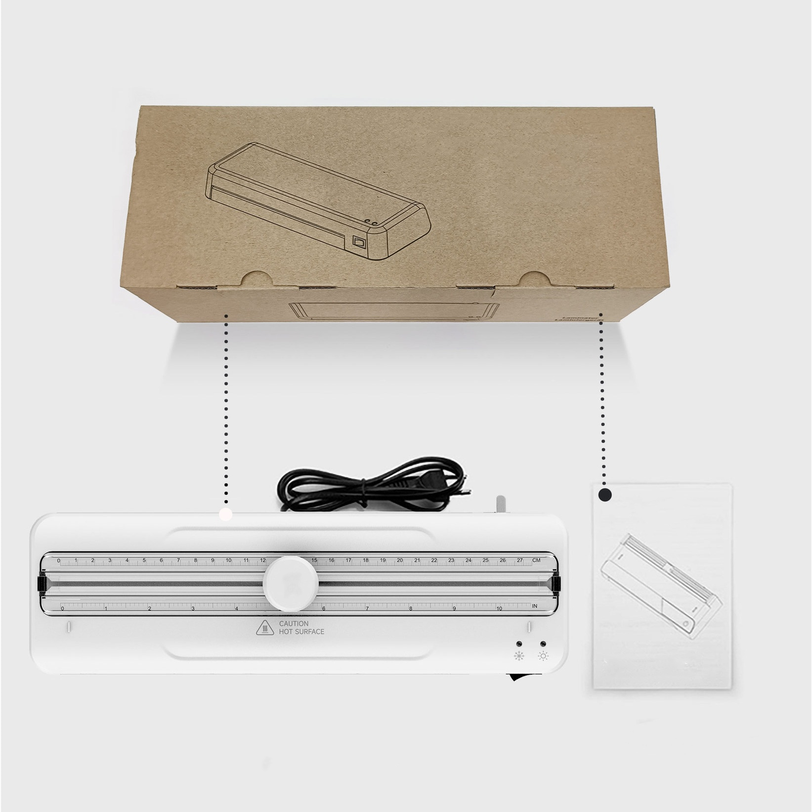 Weißes Laminiergerät mit Zubehör und einem Karton, alles auf einer weißen Oberfläche. Die Box ist oben.