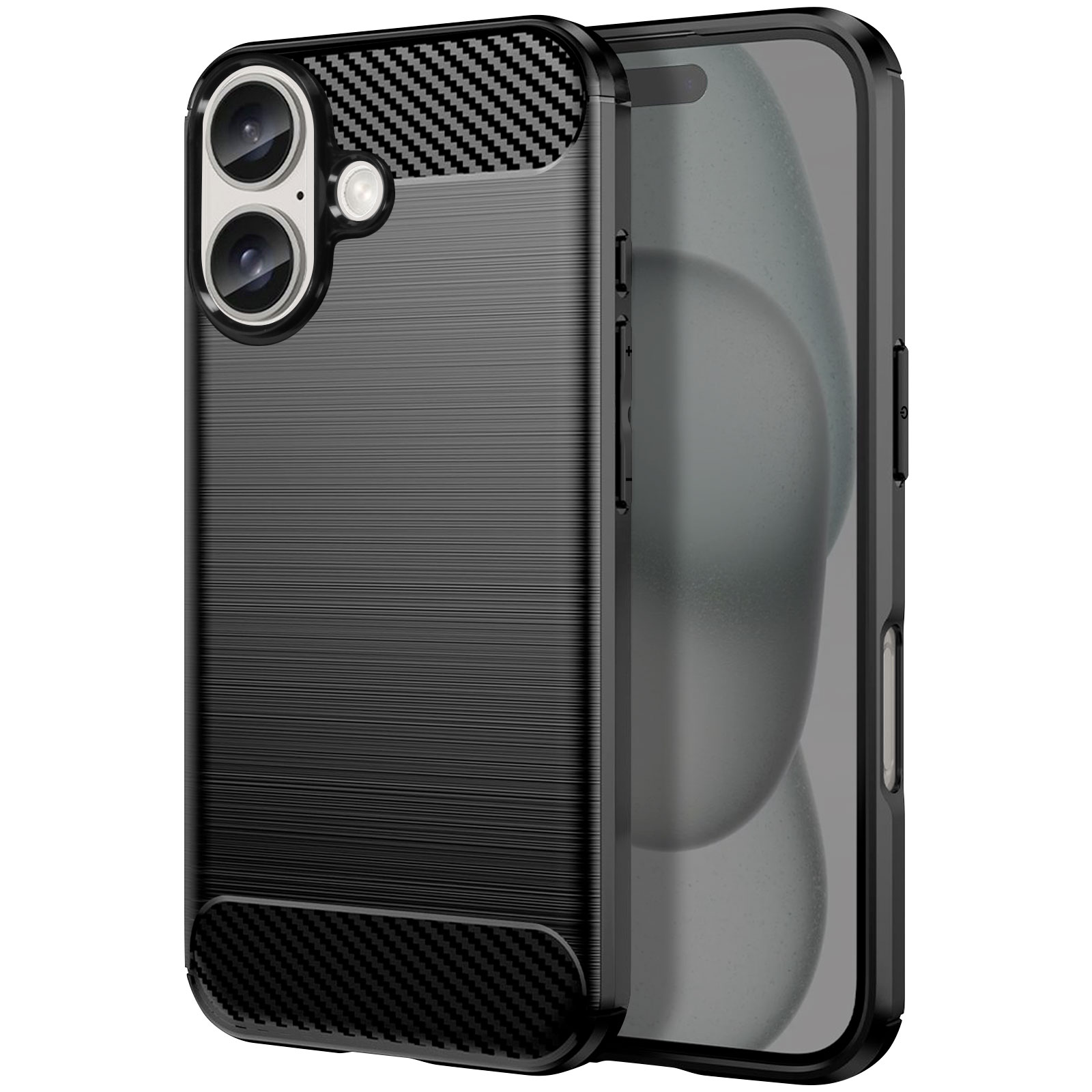Custodia per telefono nera con design in fibra di carbonio. Il telefono ha tre fotocamere. Lo schermo è visibile.