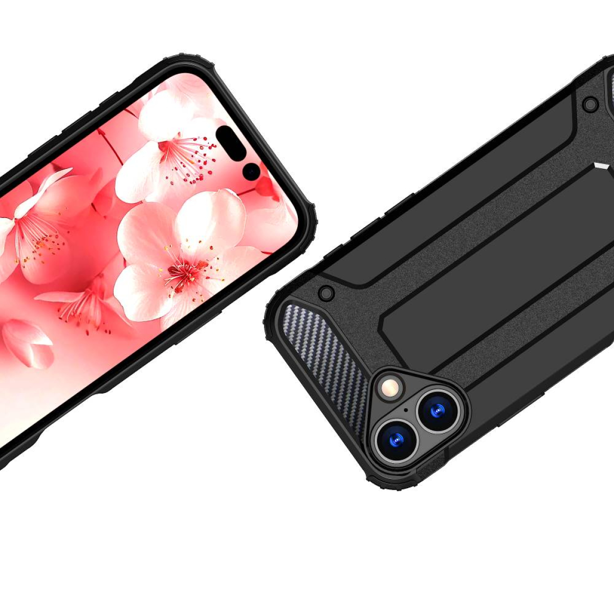 Zwei Handyhüllen, eine mit Blumen, die andere schwarz mit Details.
