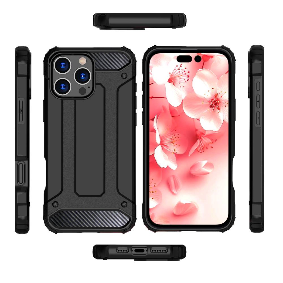 Eine iPhone-Hülle mit Blumendesign auf der Bildschirmseite, umgeben von schwarzen, robusten Kanten.
