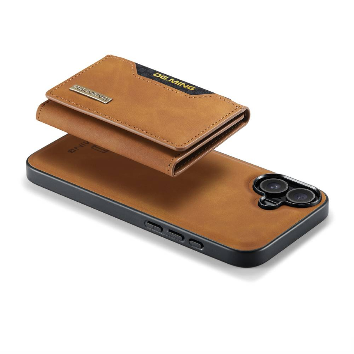 Eine braune Handyhülle mit Geldbörse und Telefon mit Kamera.
