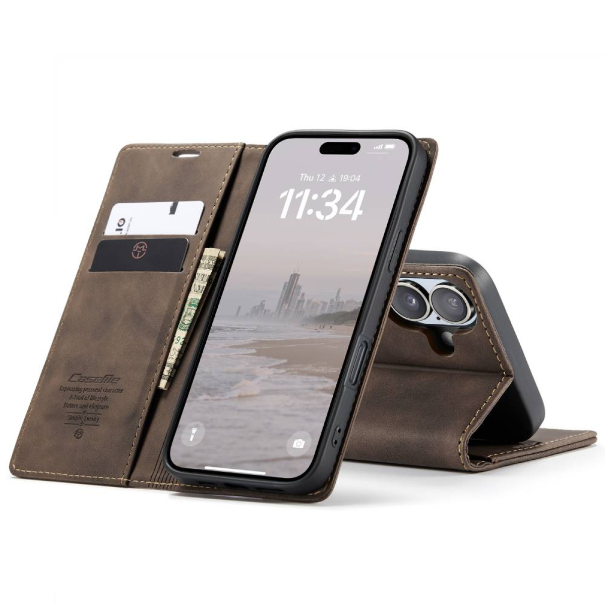 Eine braune Handyhülle mit einem Telefon darin, das eine Skyline zeigt.