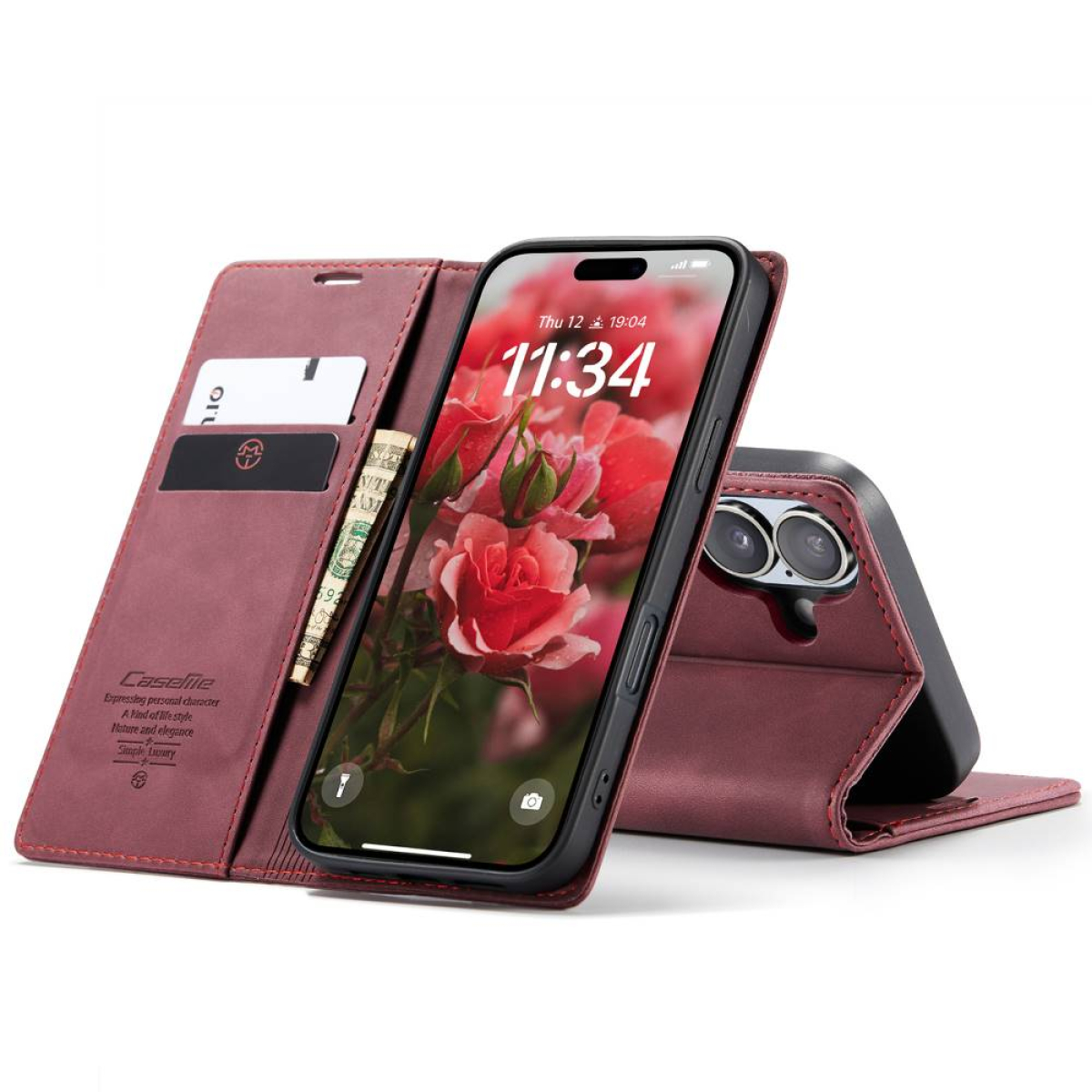 Ein Telefon in roter Hülle, geöffnet mit Karten, Bargeld und Display.