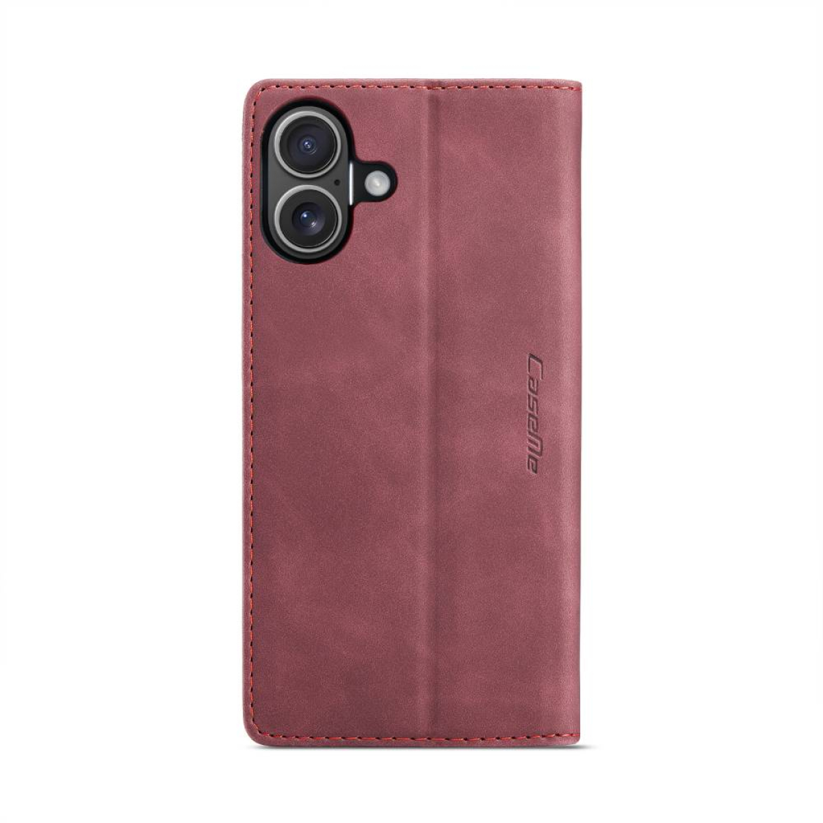Geöffnete Handyhülle mit Telefon. Weinrotes Lederfinish.