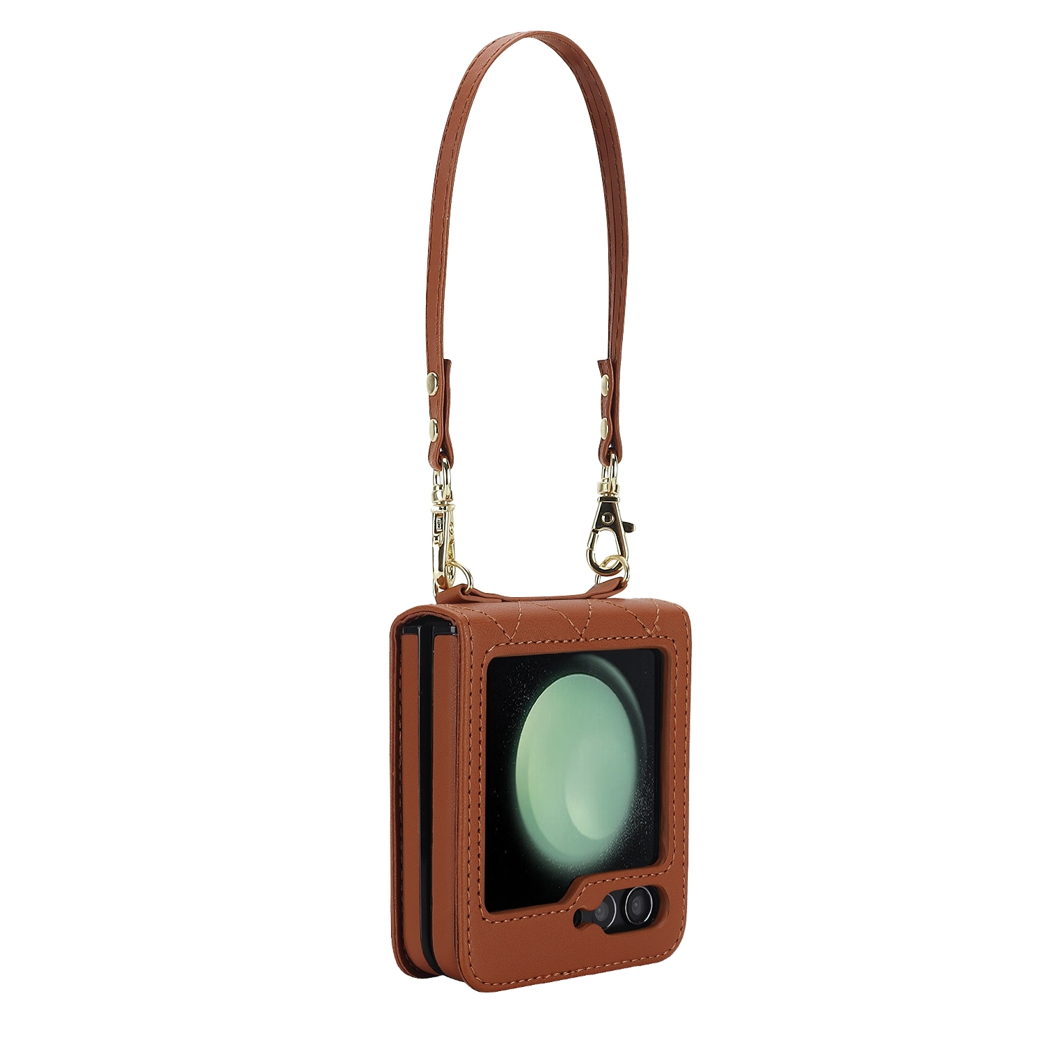 Funda de teléfono de cuero marrón con pantalla transparente y correa.