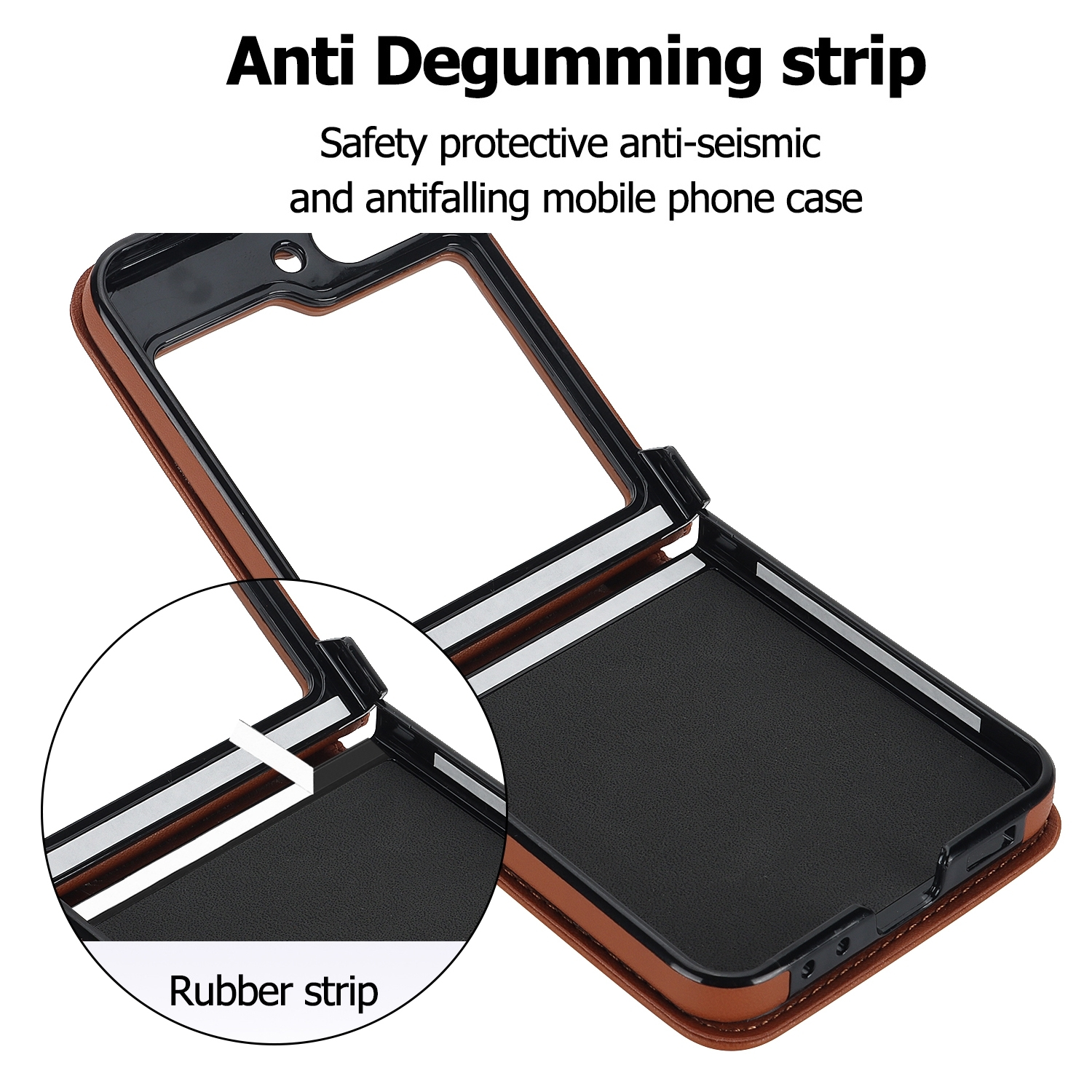 Funda de teléfono abierta con tira de goma, características antisísmicas y anticaídas.