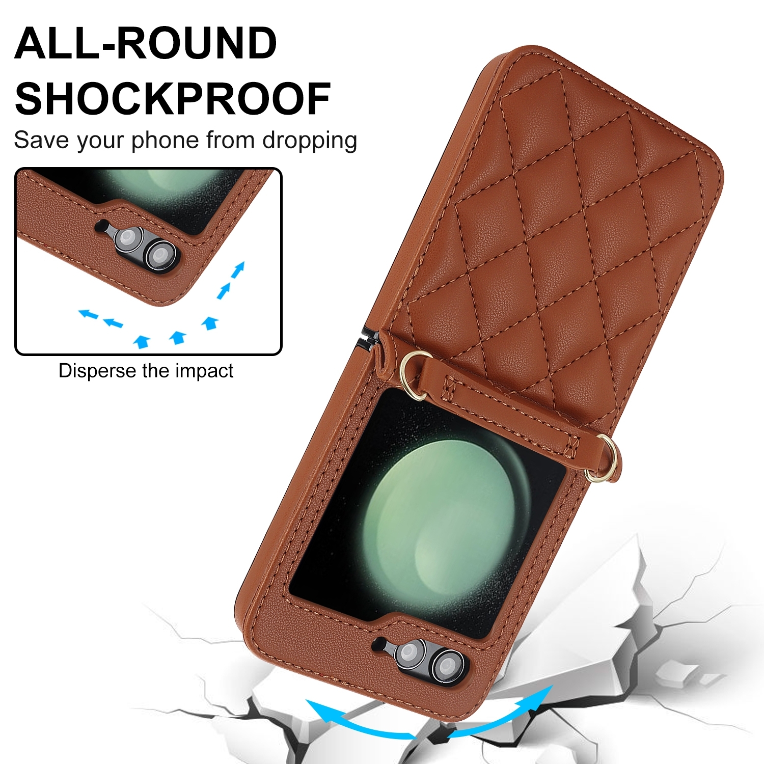 Funda burdeos para teléfono, acolchada, con correa, abierta.