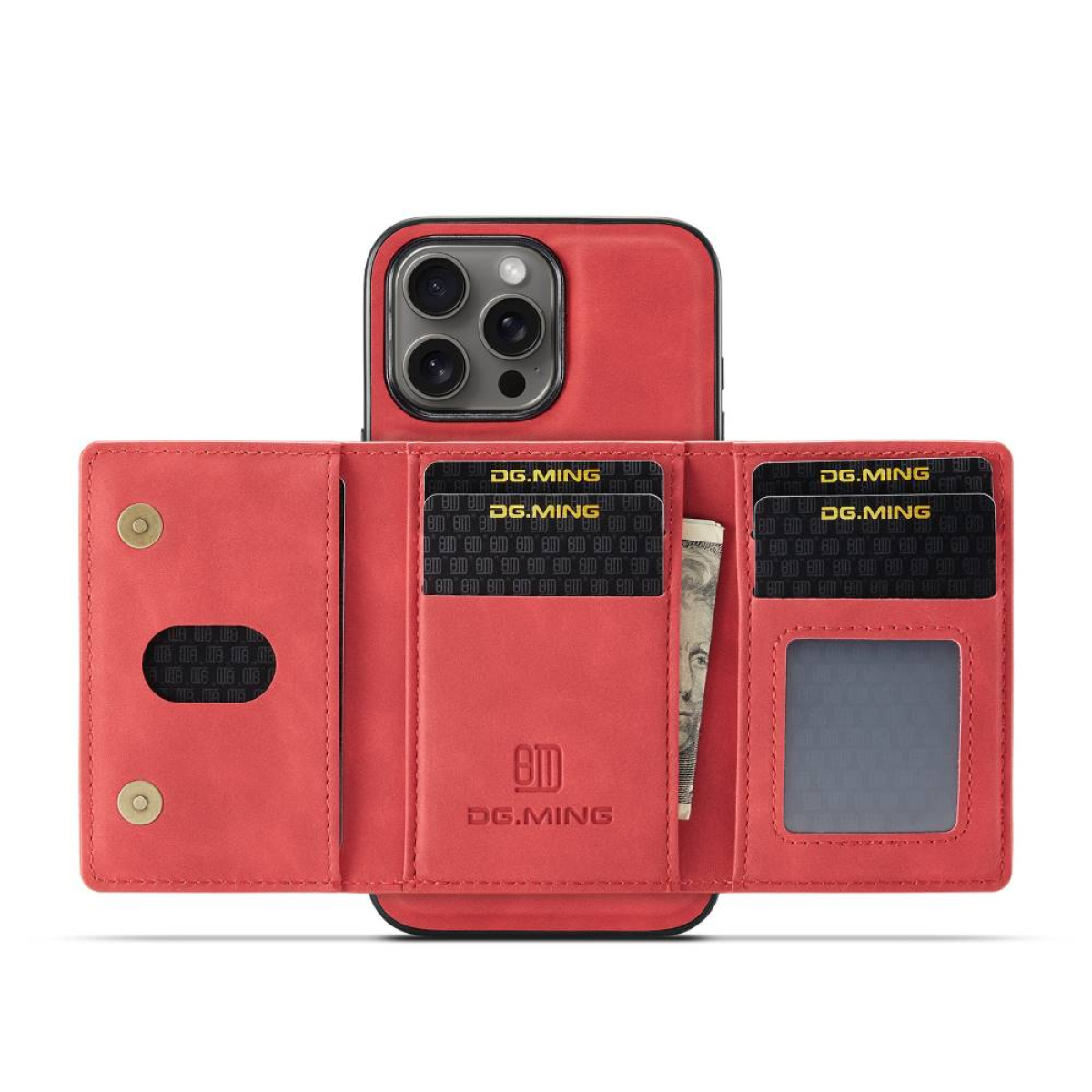 Rotes Portemonnaie-Handy-Case geöffnet, zeigt Karten und Bargeld. Schwarzes Telefon innen.