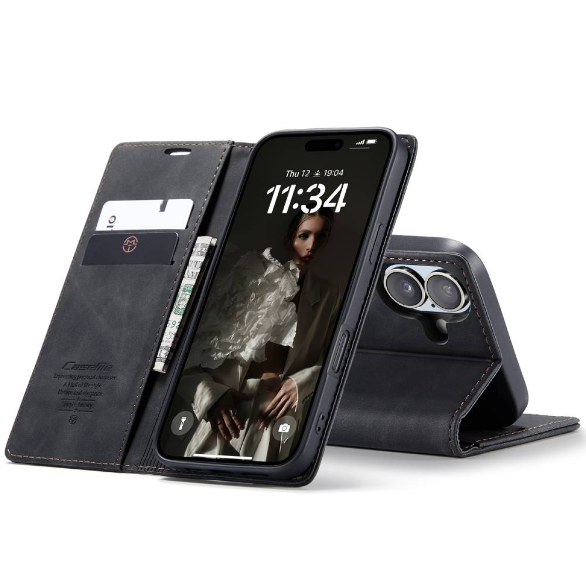 Schwarze Handyhülle mit Telefon, Karten- und Geldfächern.