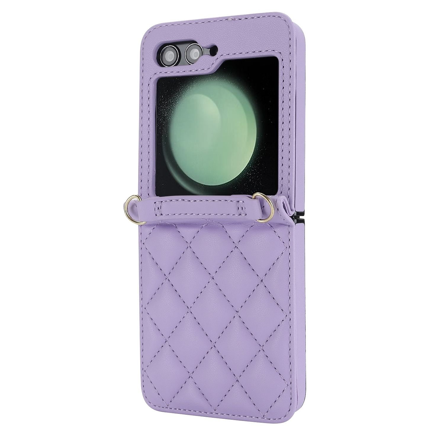 Funda de teléfono morada, diseño acolchado, con ventana transparente. Sujetadores de anillo dorado.