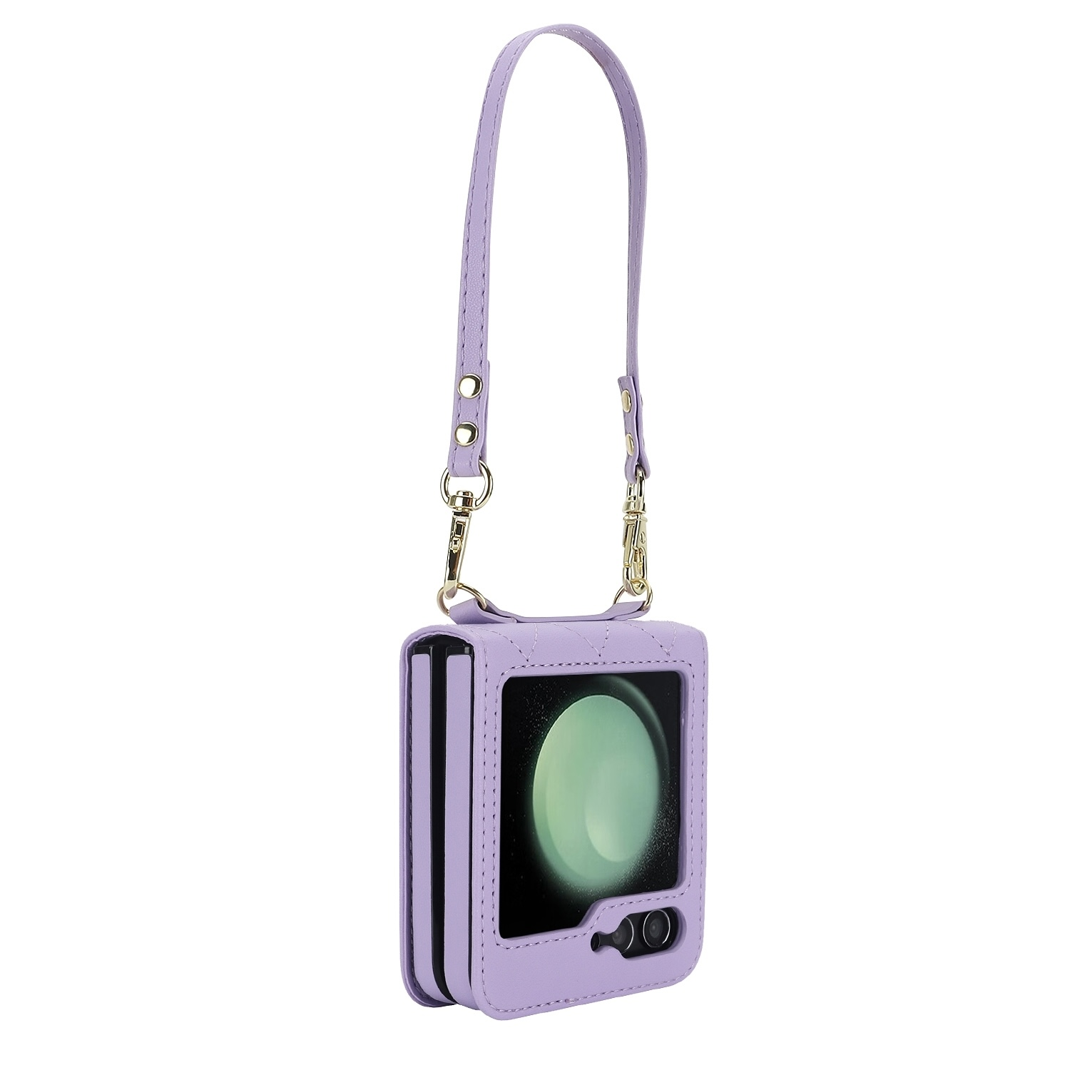 Funda de teléfono morada con correa y pantalla de teléfono visible.