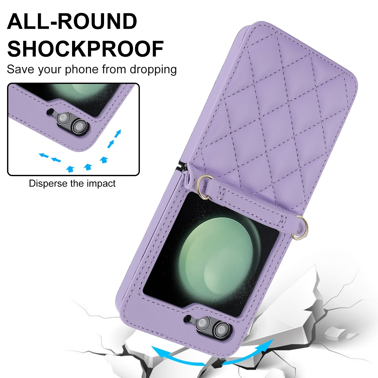 Una funda morada para teléfono con correa, mostrando un teléfono y grietas en el suelo.