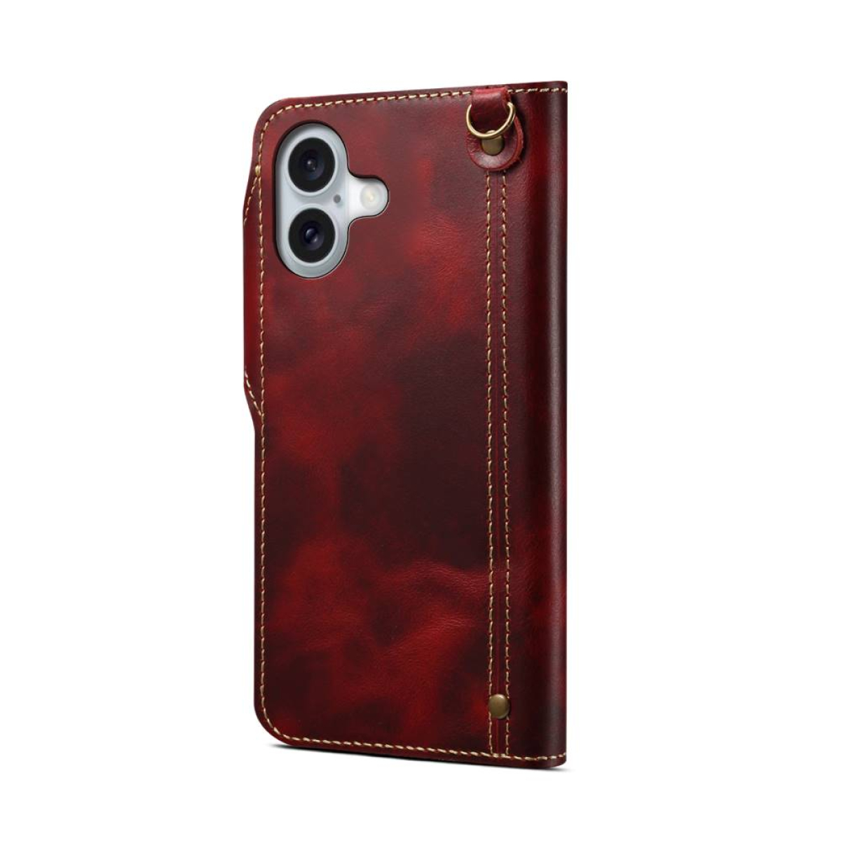Bordeauxrotes Leder-Handycase mit Kameraausschnitt, Nähten und einem Riemenbefestigungsring.
