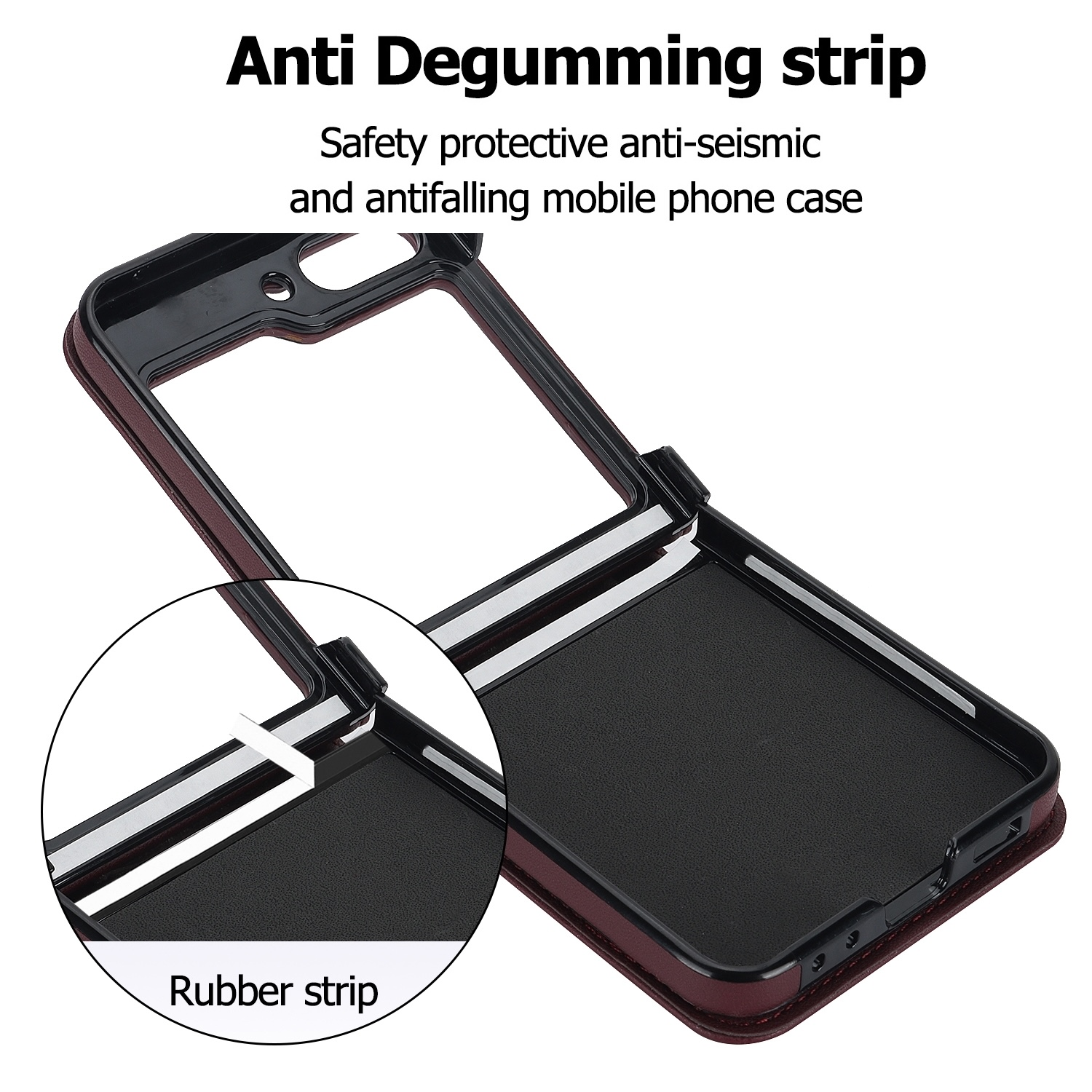Funda de teléfono abierta con primer plano de la tira de goma. La funda es burdeos y negra.