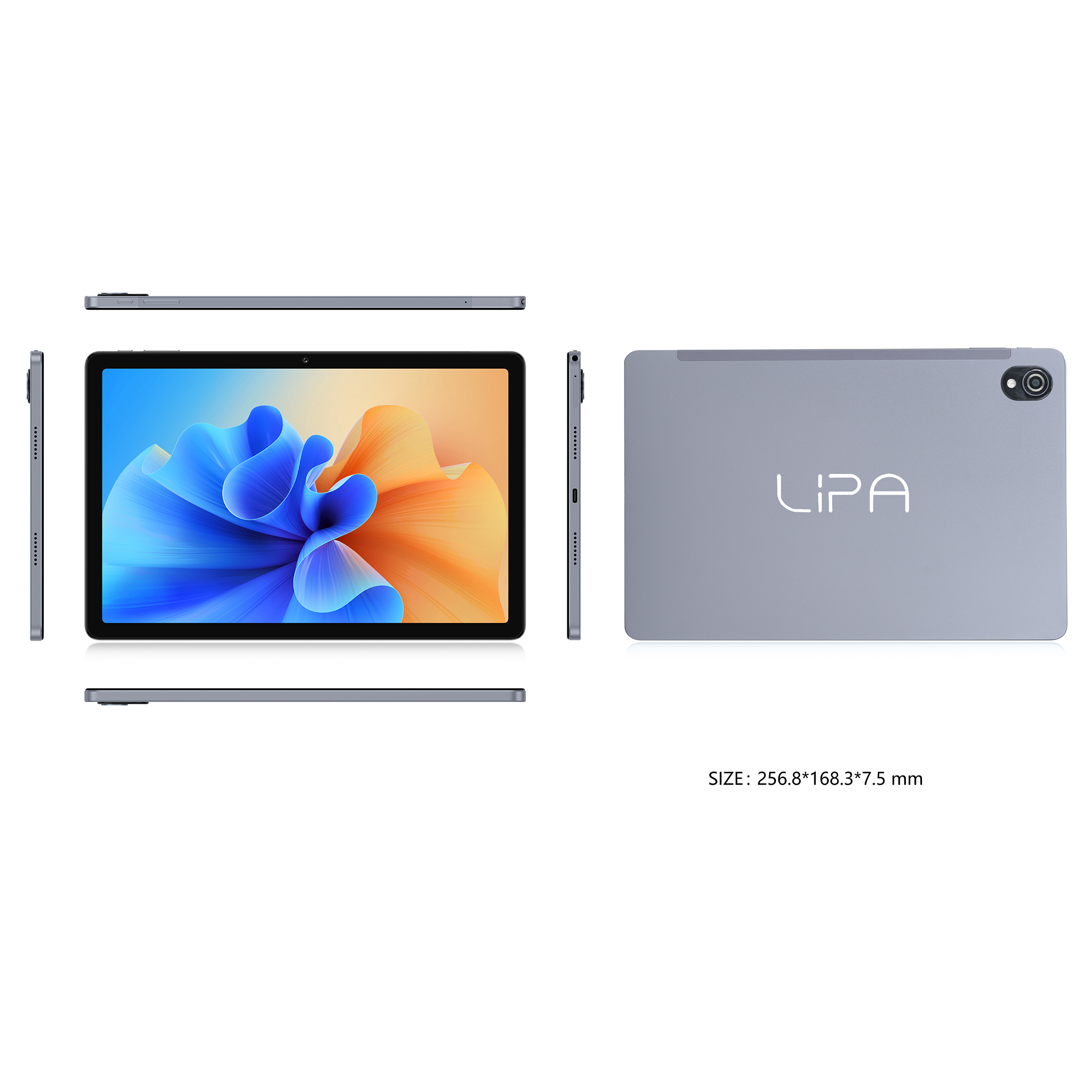 Tablet z dużym ekranem, otoczony wieloma widokami. Tablet jest szary, z logo LIPA.