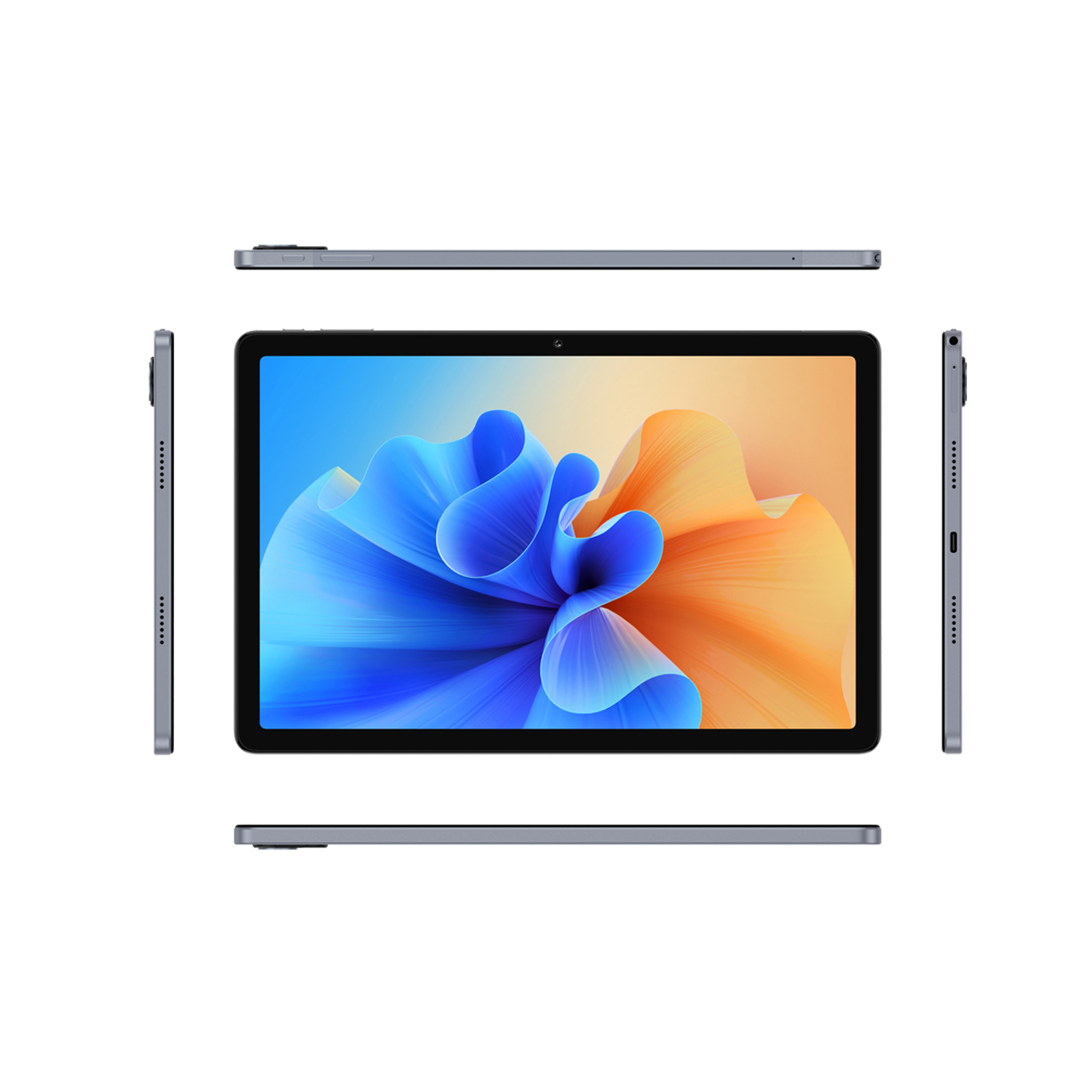 Tablet z kolorową sztuką abstrakcyjną, otoczony widokami z boku.