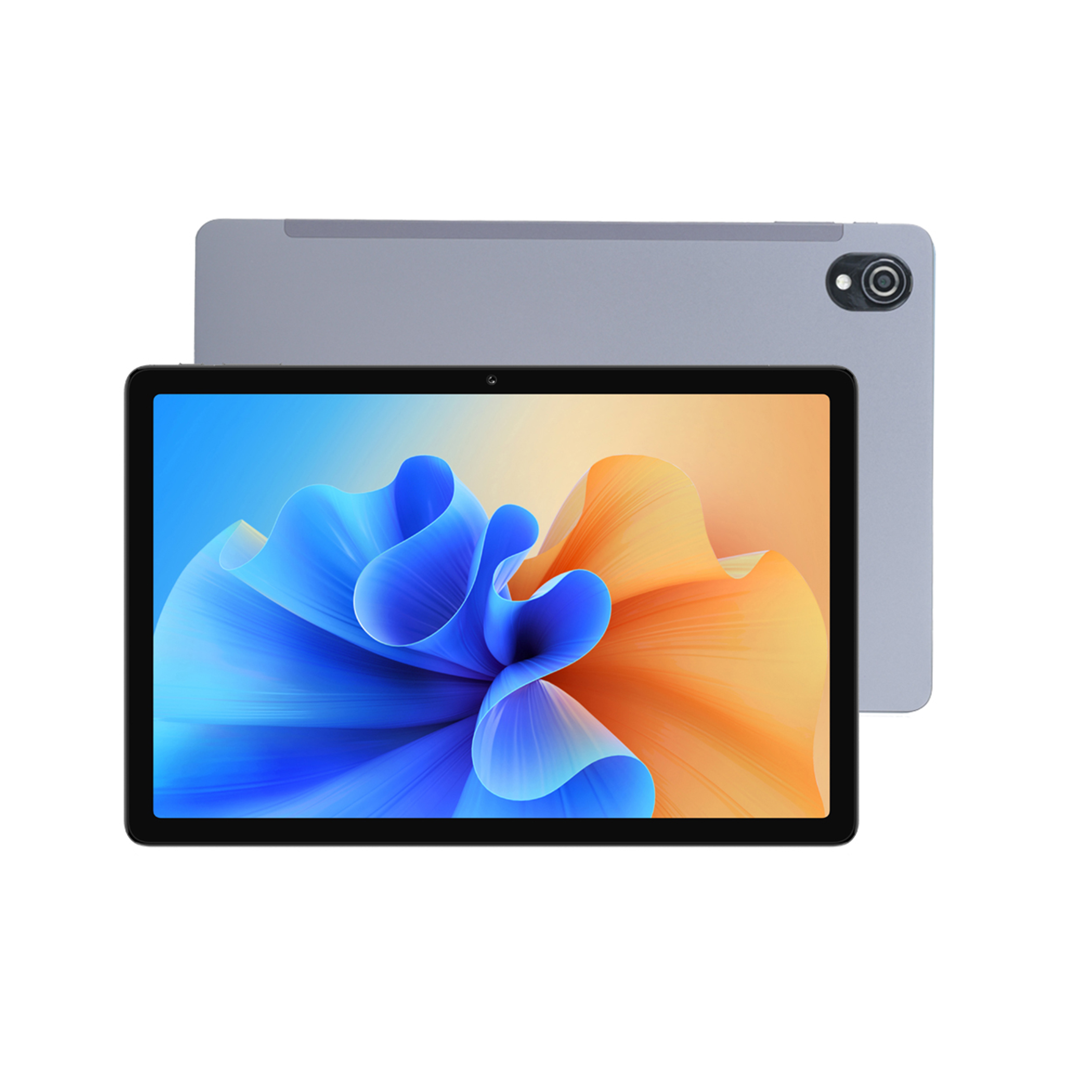 Tablet z kolorowym wyświetlaczem, tył pokazuje kamerę i szarą obudowę.