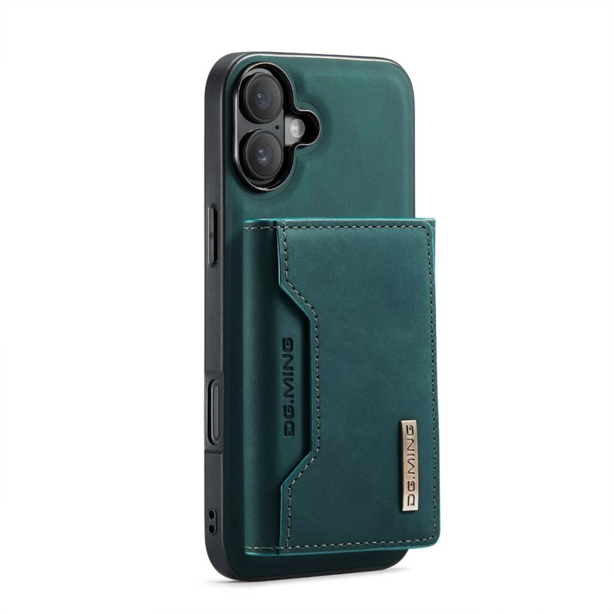 Eine grüne Handyhülle mit Kartenhalter. Die Hülle befindet sich auf einem Telefon und zeigt die Kamera und die Seitentasten.