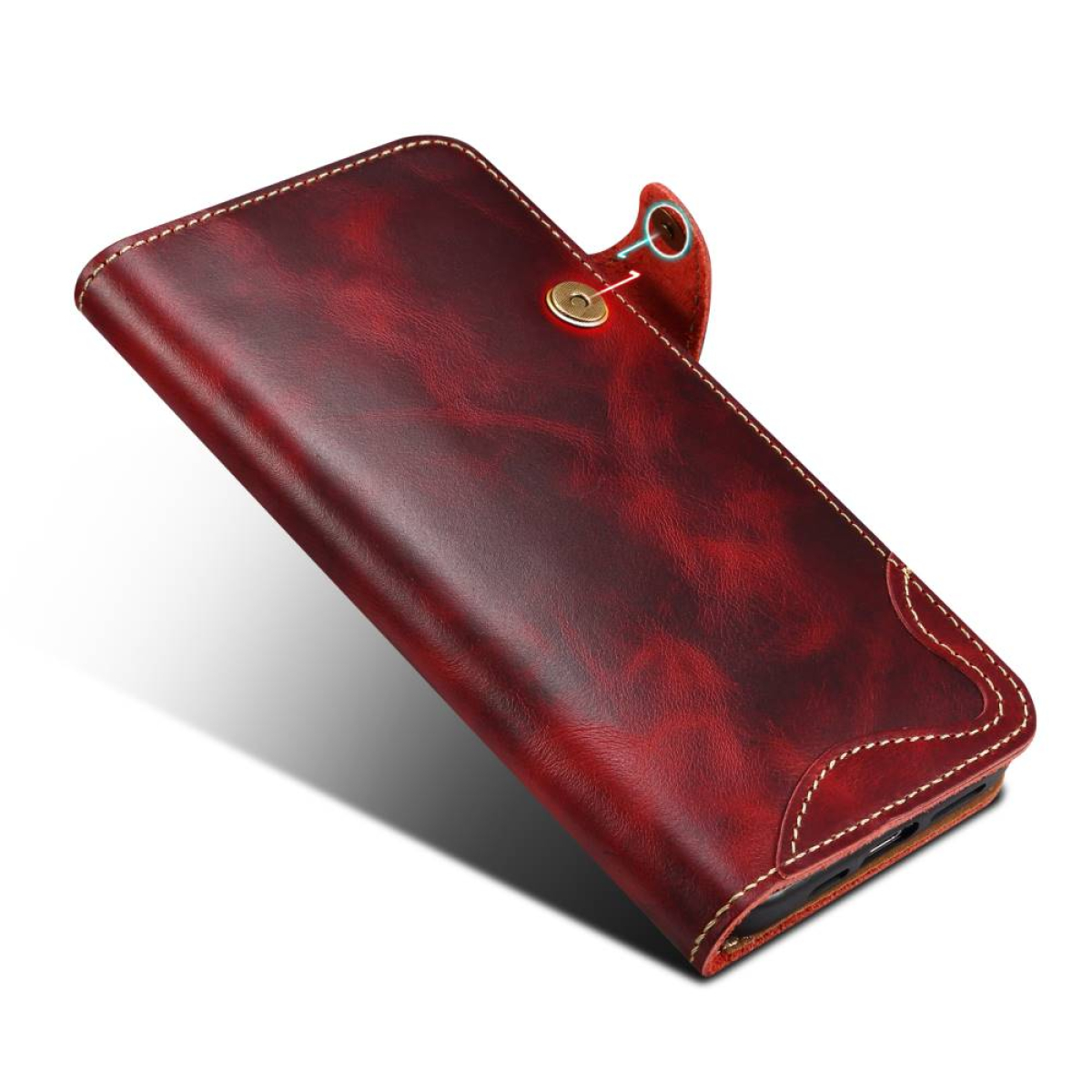Rote Leder-Handyhülle mit Nähten und Schnappverschluss. Sie hat einen Vintage-Look.
