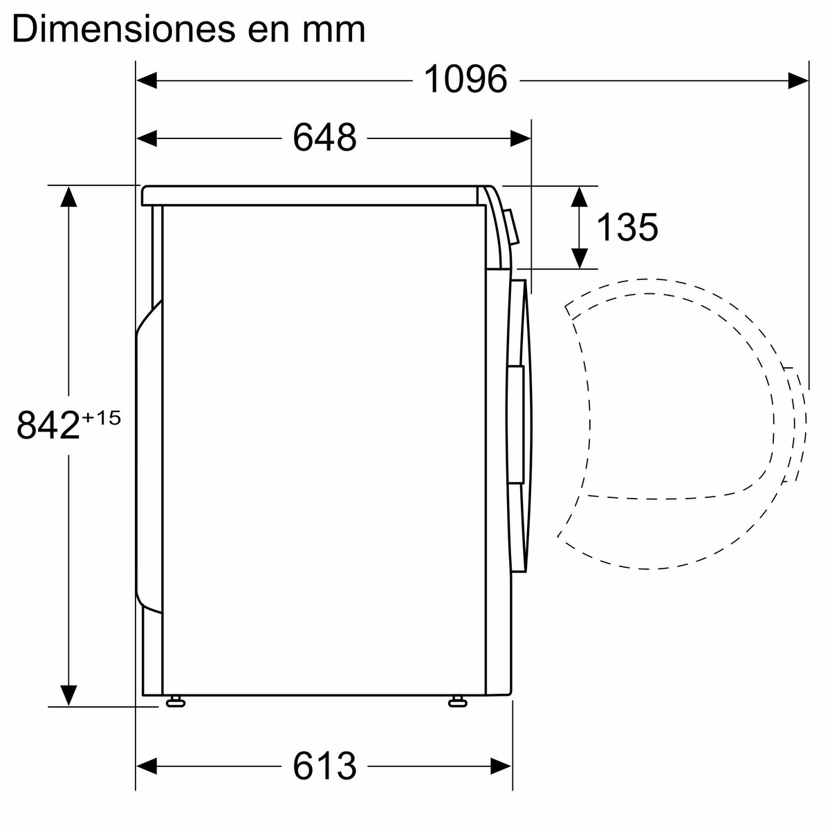 Vista lateral de una lavadora con dimensiones en mm.
