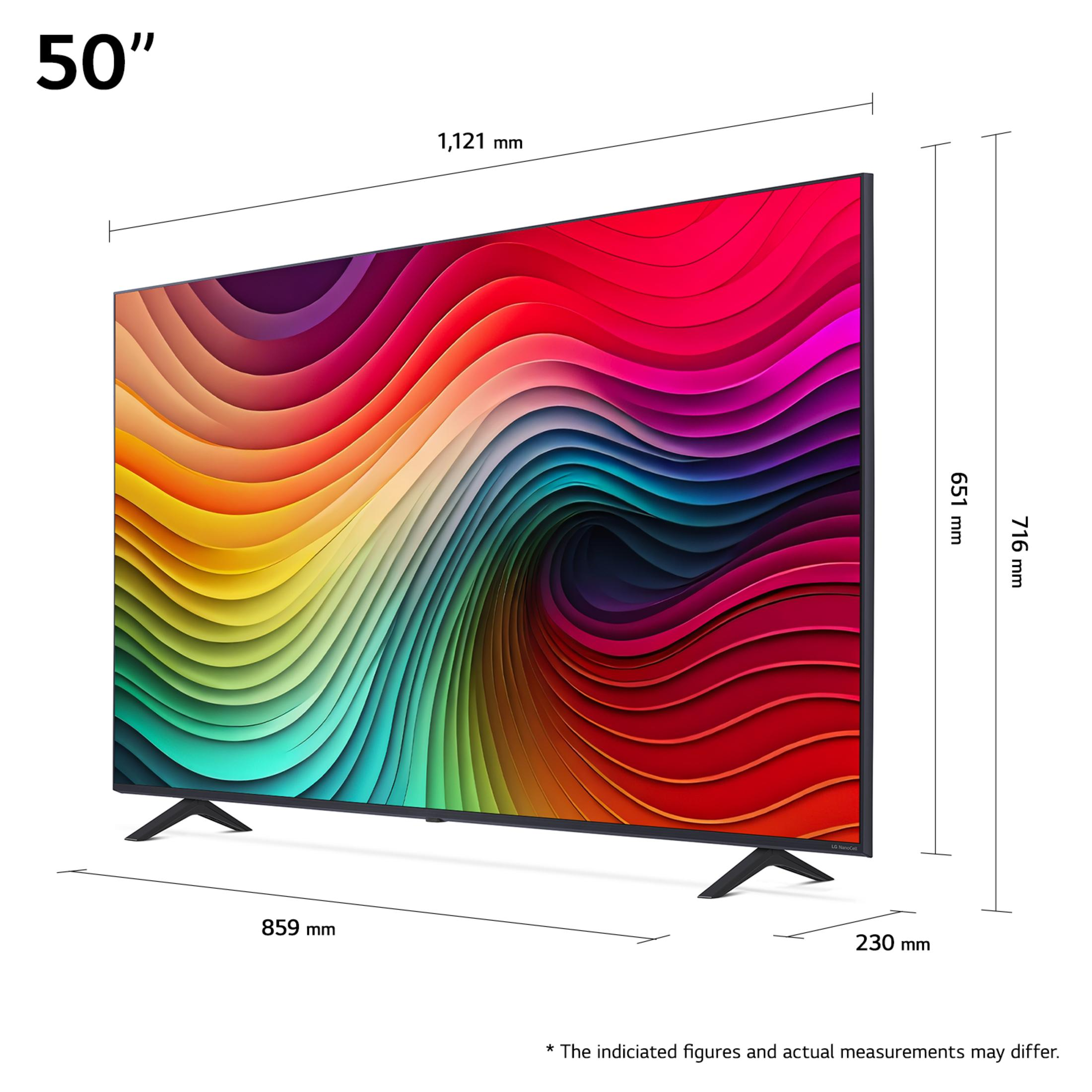 Ein 50-Zoll-Fernseher auf weißem Hintergrund, der seine Abmessungen zeigt.