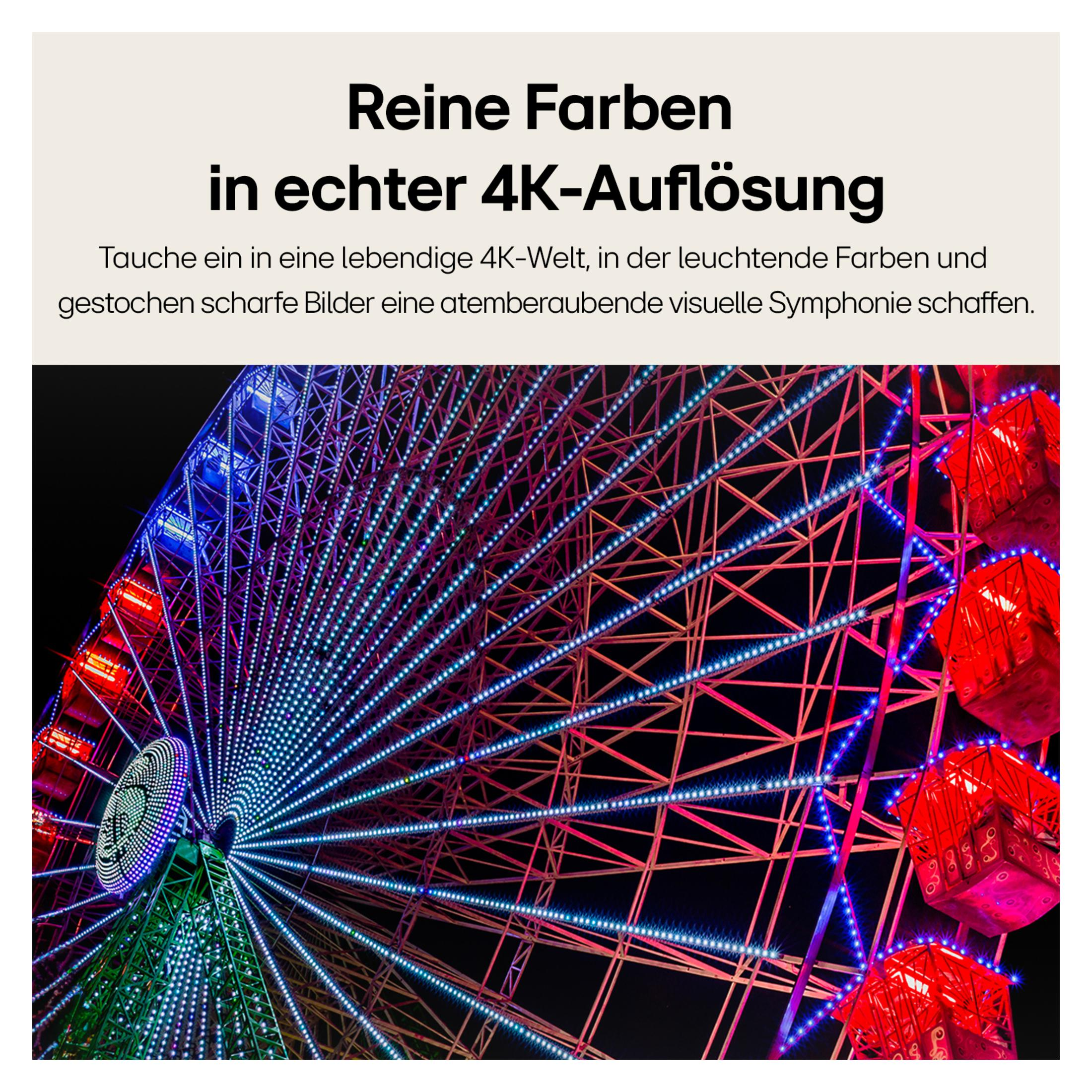 Riesenrad bei Nacht, beleuchtet mit roten, blauen und grünen Lichtern. Text: Reine Farben in echter 4K-Auflösung.