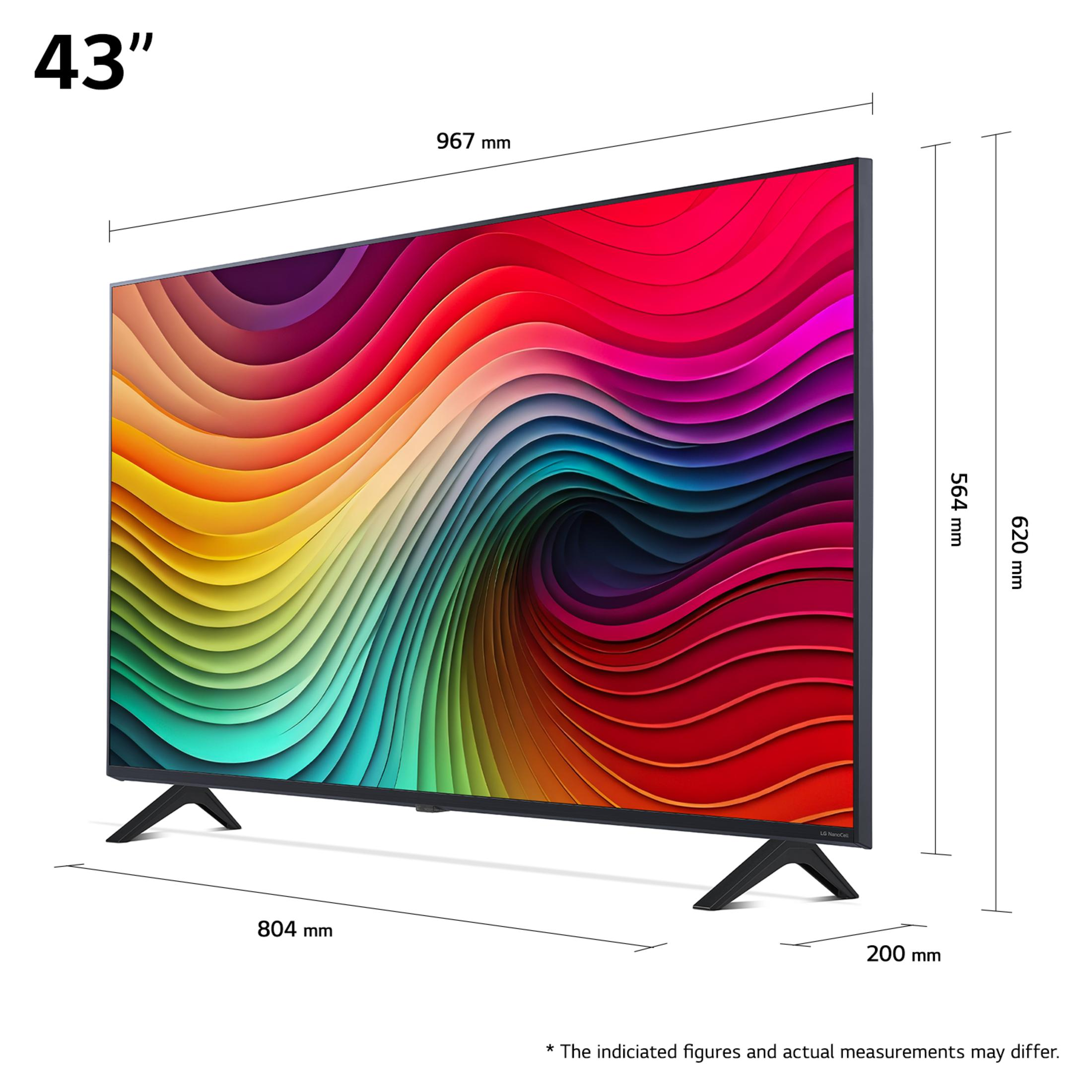 Ein 43-Zoll-Fernseher mit buntem abstraktem Hintergrund, Abmessungen und schwarzem Ständer.
