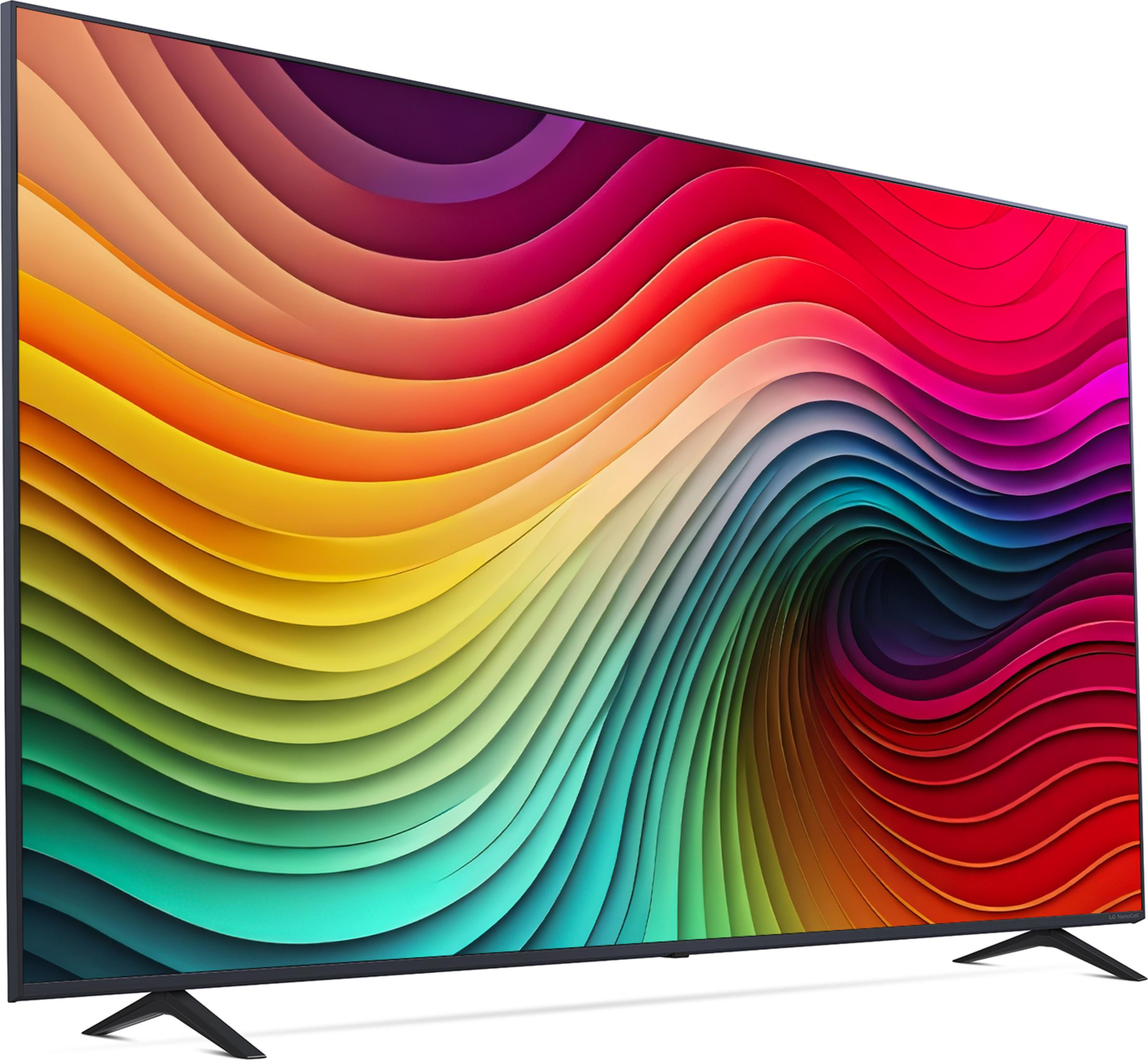 Ein großer Fernseher mit einem farbenfrohen, abstrakten Wellenmuster auf dem Bildschirm.