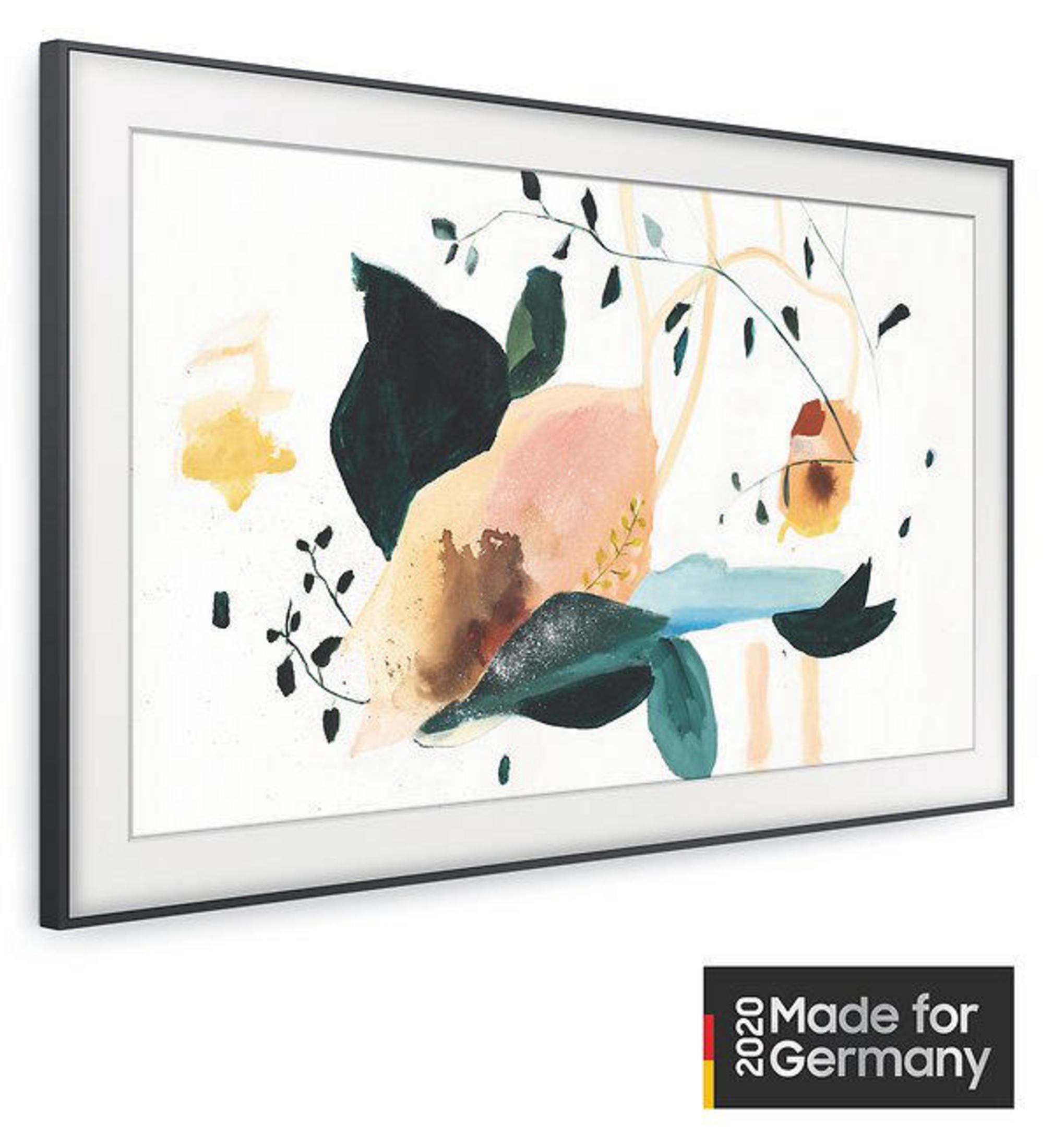 Oprawione dzieło sztuki na białej ścianie, z abstrakcyjnymi kształtami kwiatowymi i geometrycznymi.