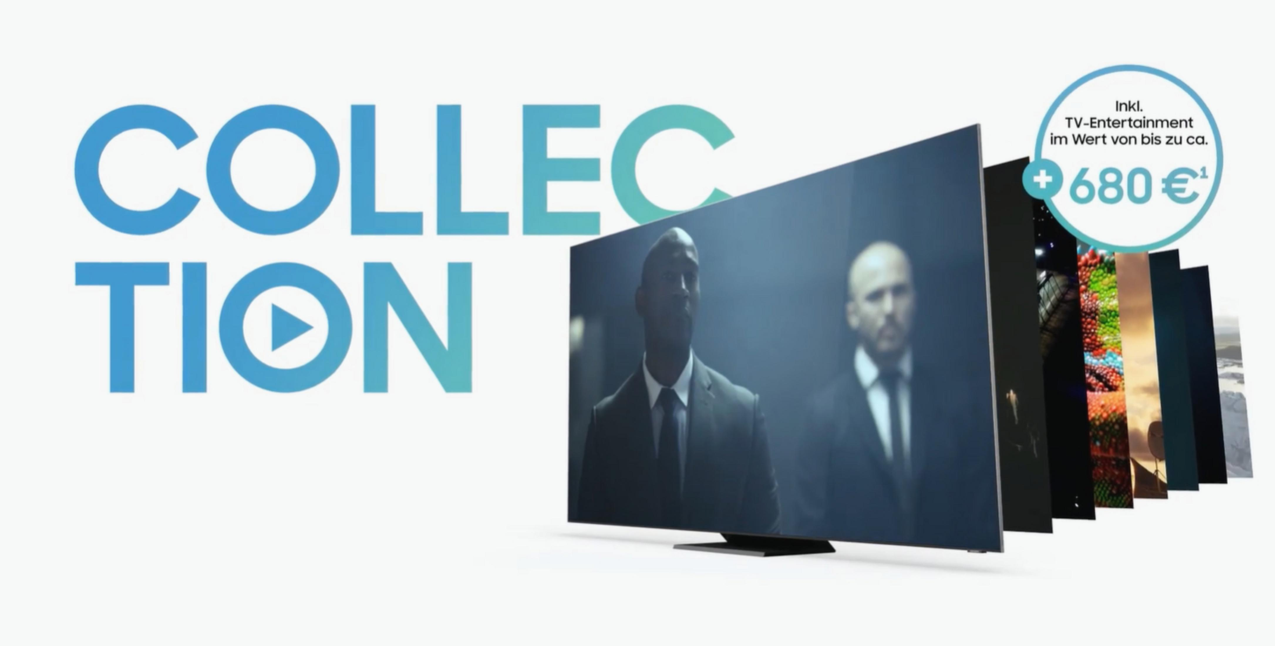 Ekran telewizora ze scenami filmowymi, tekstem i grafiką wskazującą ofertę.