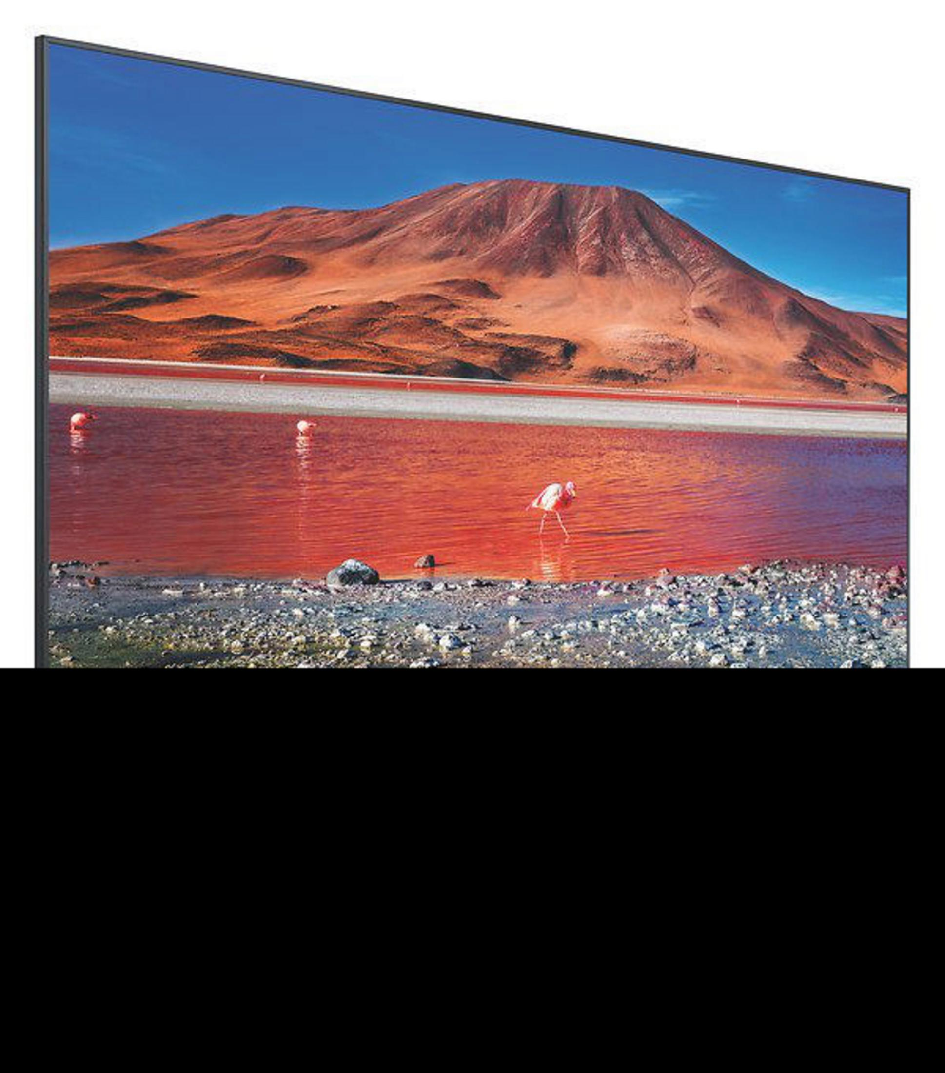 TV-Bildschirm, Landschaft mit rotem Wasser und Berg. Schwarzer Boden.