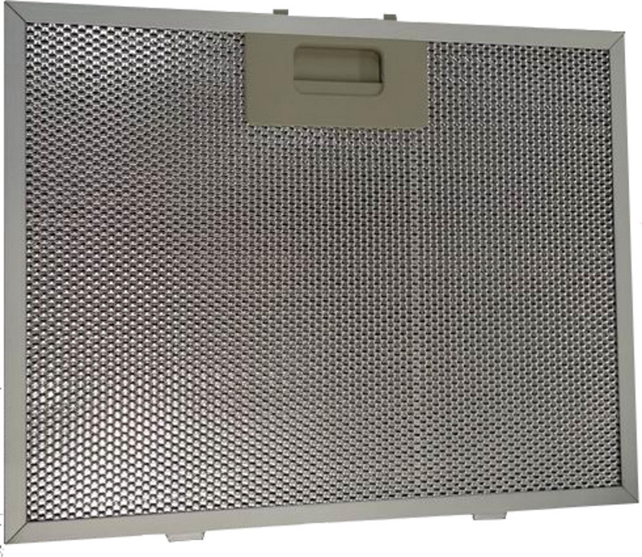 A metallic square filter with small holes, and a handle on the top.