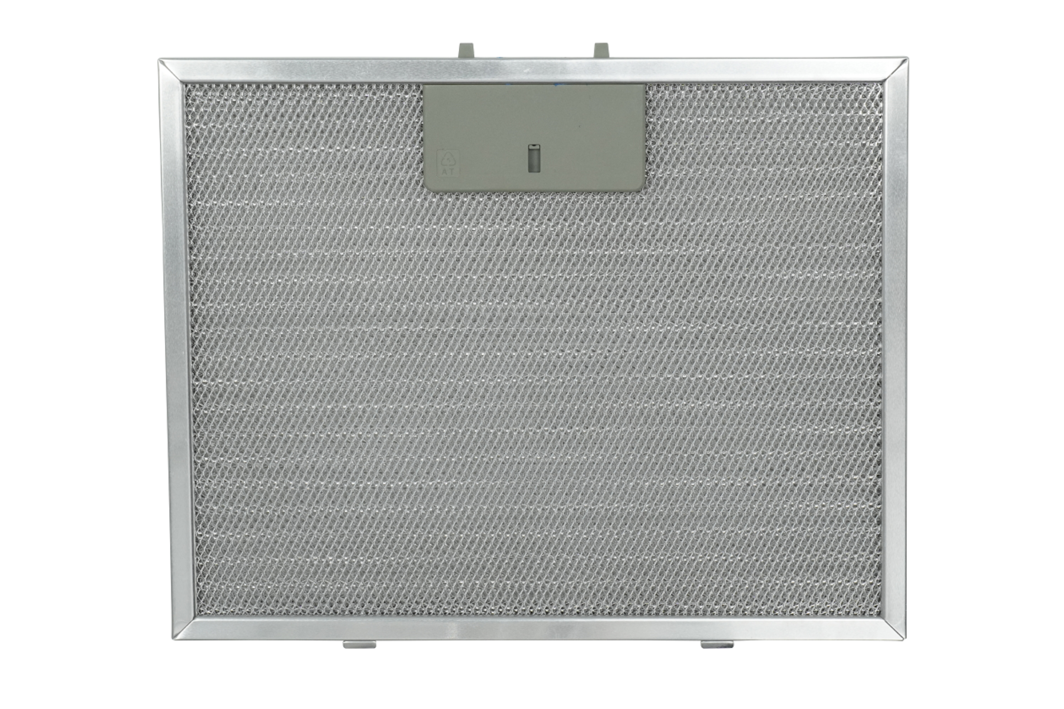 A metal mesh filter with a gray plastic handle sits against a white background.