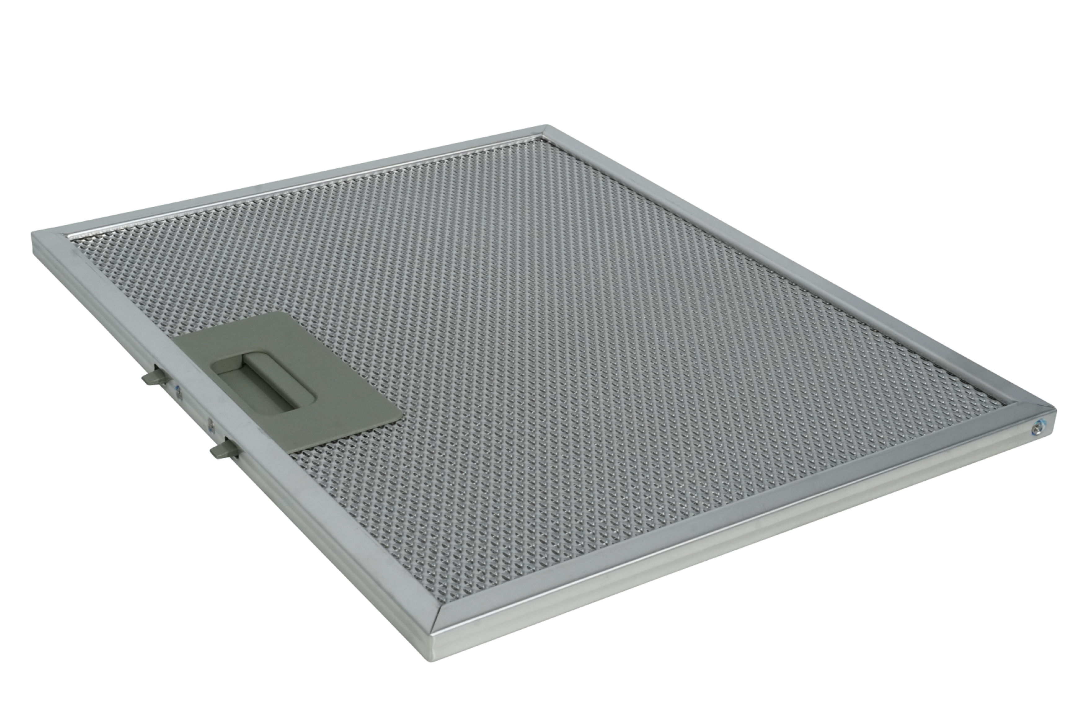 Air filter for a hood, in a silver metal frame. White background.
