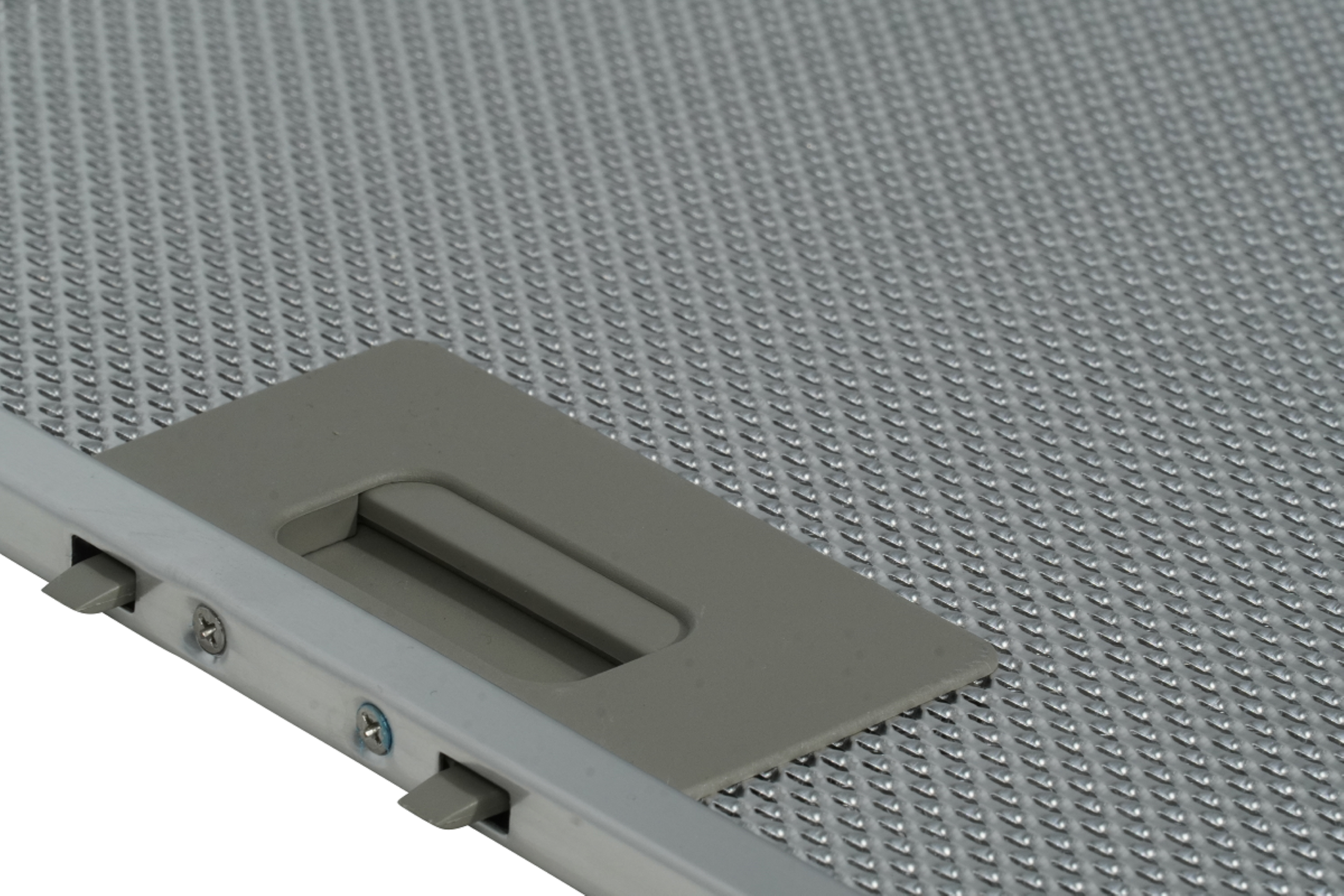 Close-up view of a silver metal filter with a grey rectangular handle, part of a kitchen appliance.