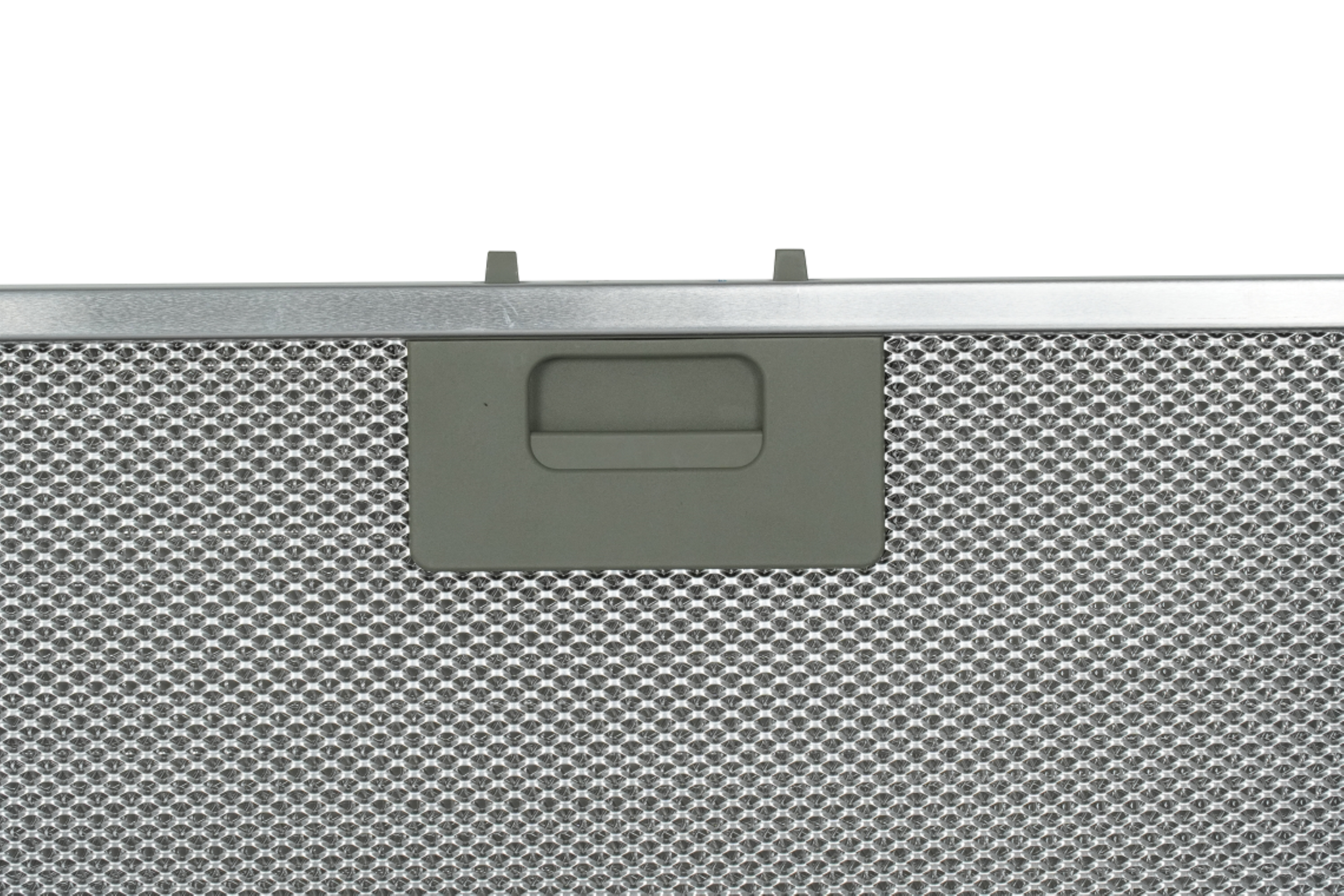 Close-up of a metal mesh filter with a plastic handle. Silver and gray colors.