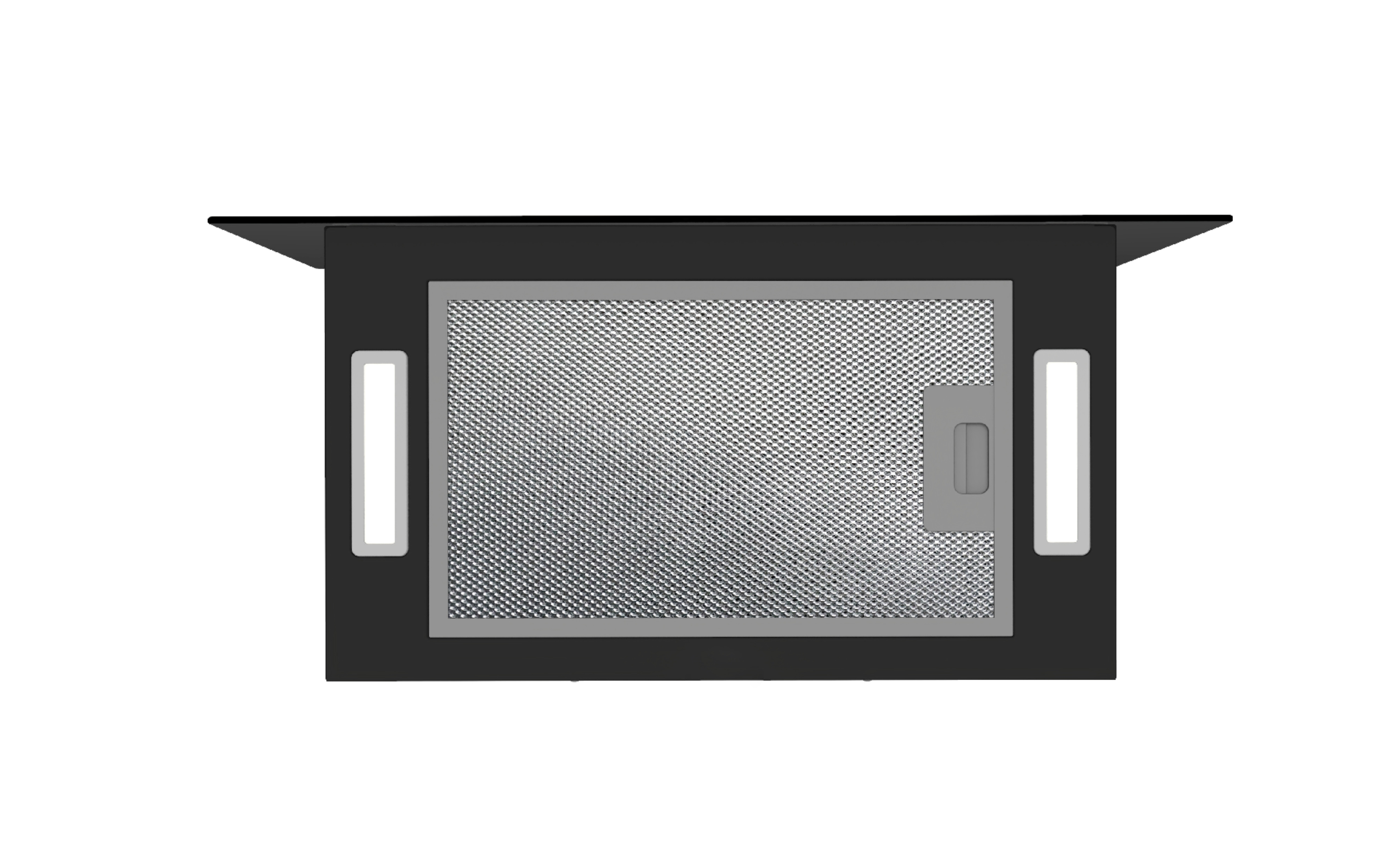 Eine schwarze Dunstabzugshaube mit Metallgitterfilter und zwei rechteckigen Lichtern. Von unten gesehen.
