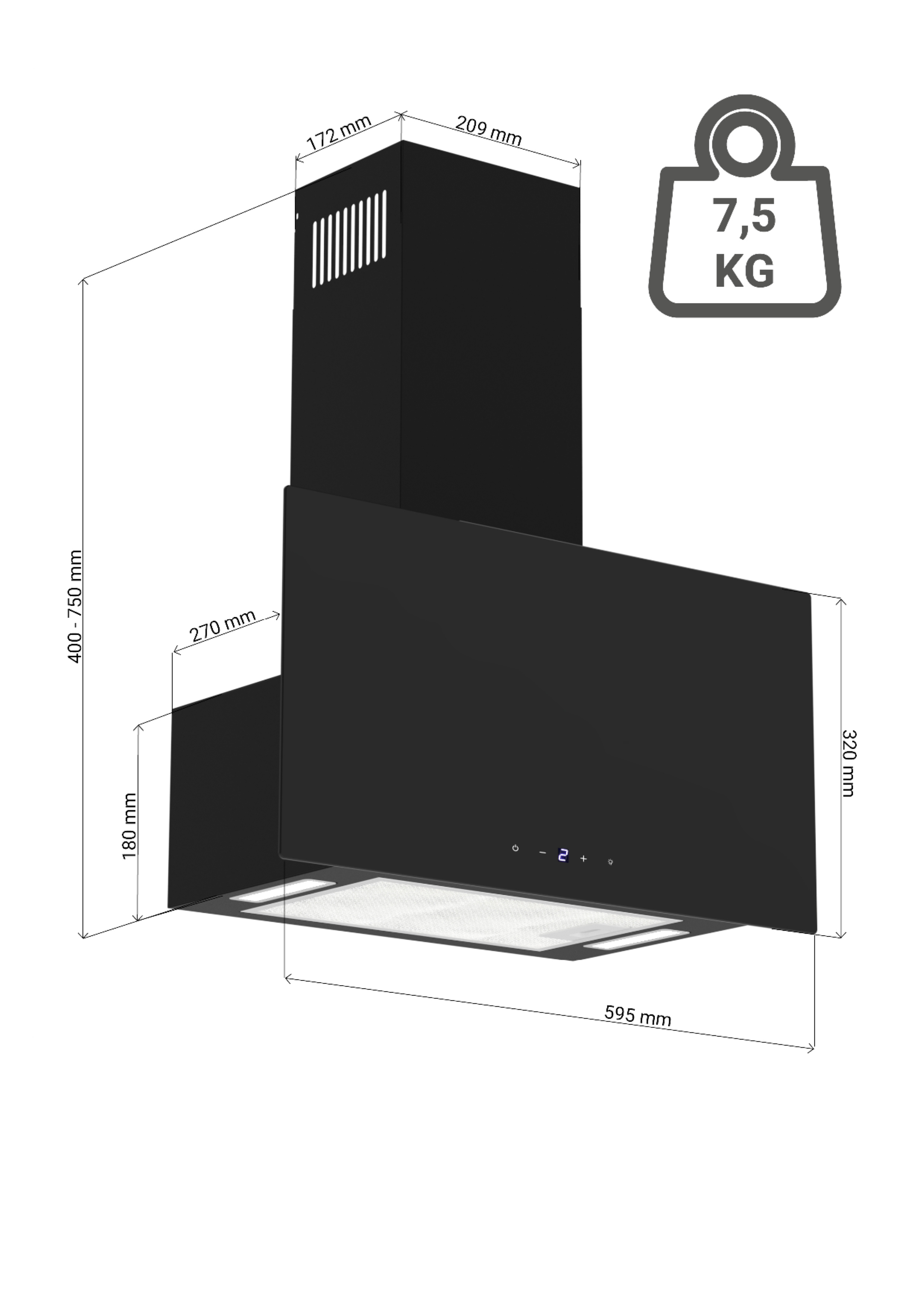 Schwarze Dunstabzugshaube mit Abmessungen und Gewicht. Verfügt über ein Bedienfeld und ein Licht.