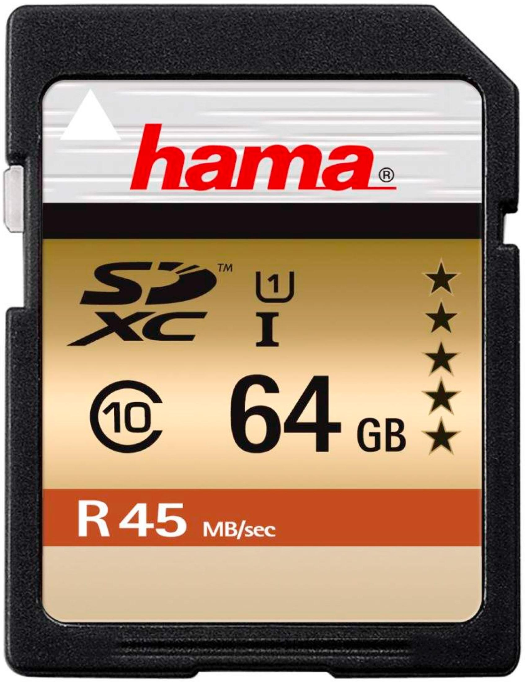 SD-Karte. Schwarz mit goldenem Etikett. Marke Hama. 64 GB. 10. 45 MB/Sek.